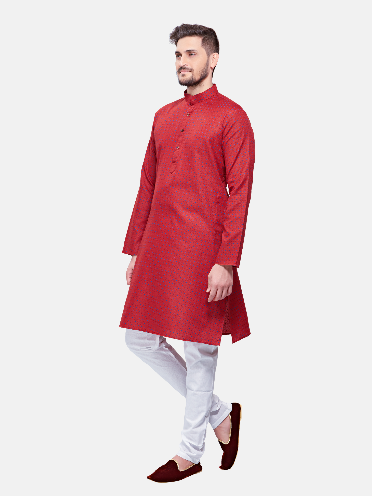 Barn Red Dot Printed Cotton Kurta and Matching Dhoti