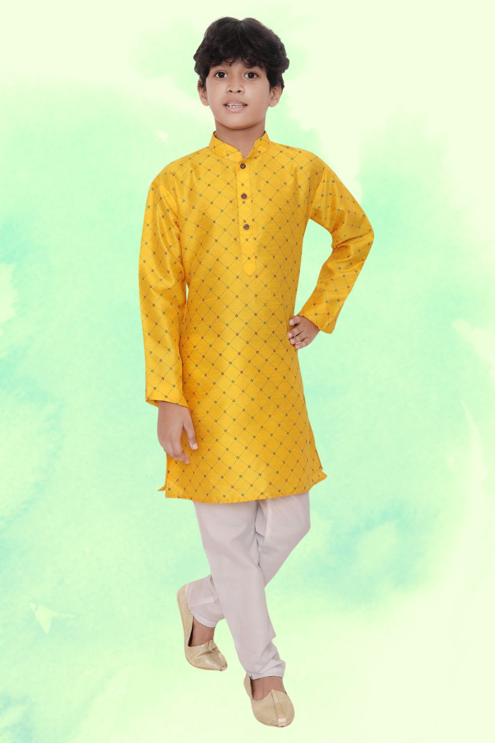 SunShine Yellow Hloom Printed Silk Kurta Pajama Suit