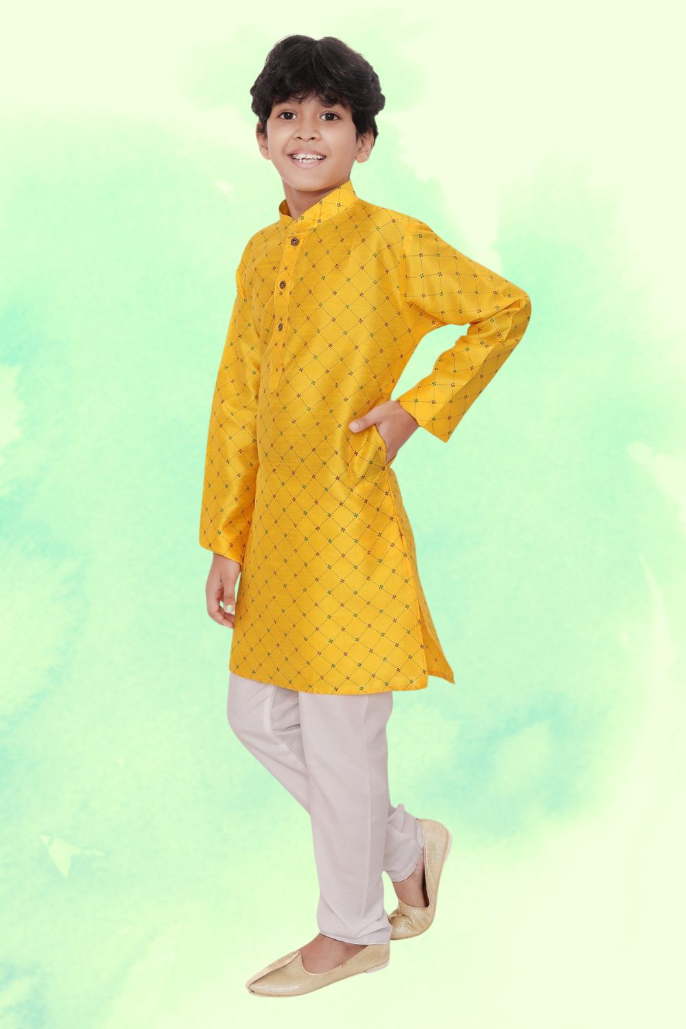 SunShine Yellow Hloom Printed Silk Kurta Pajama Suit