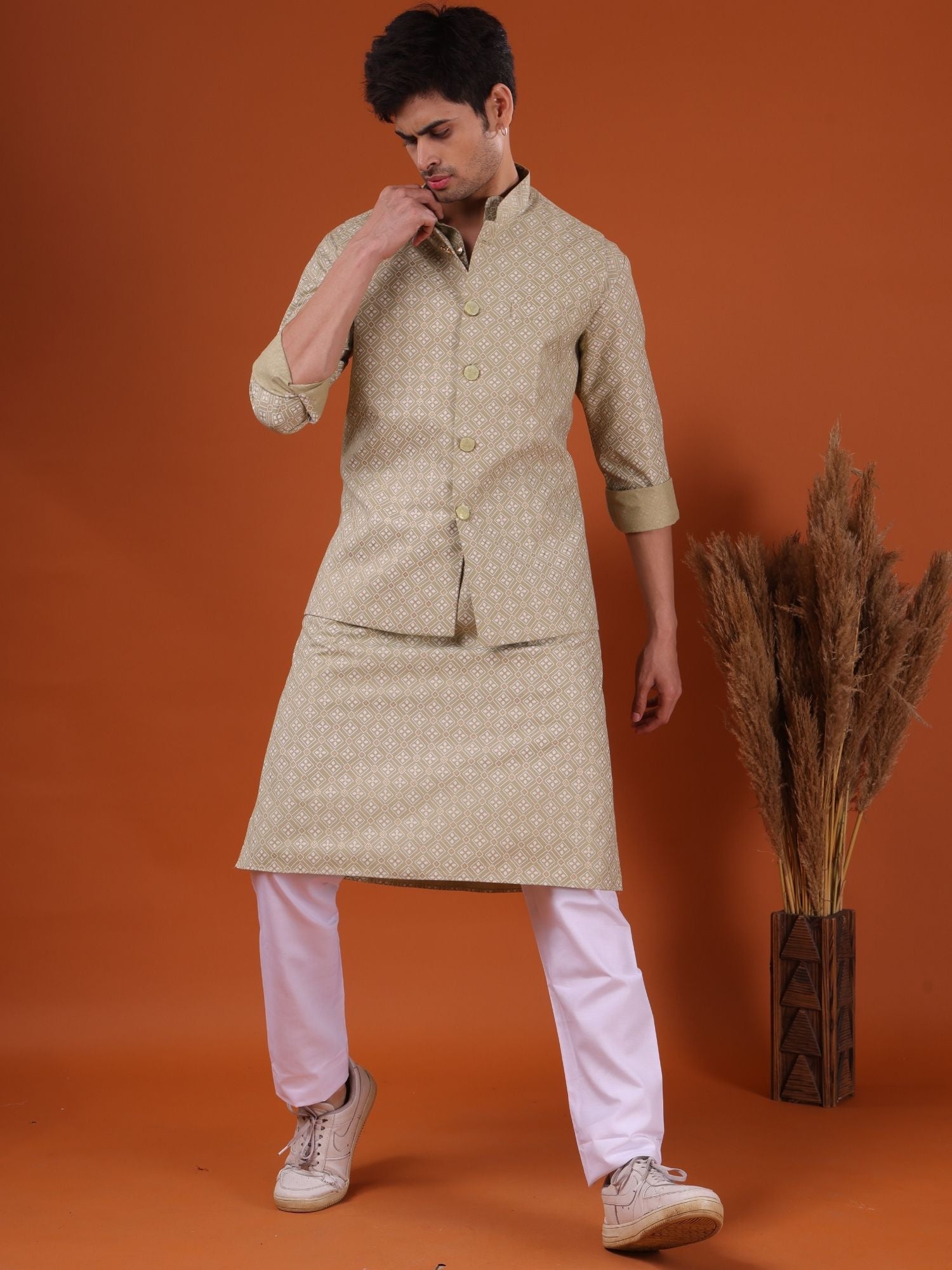 Crocodile Green Lotus Gold Printed Cotton Kurta Jacket Set