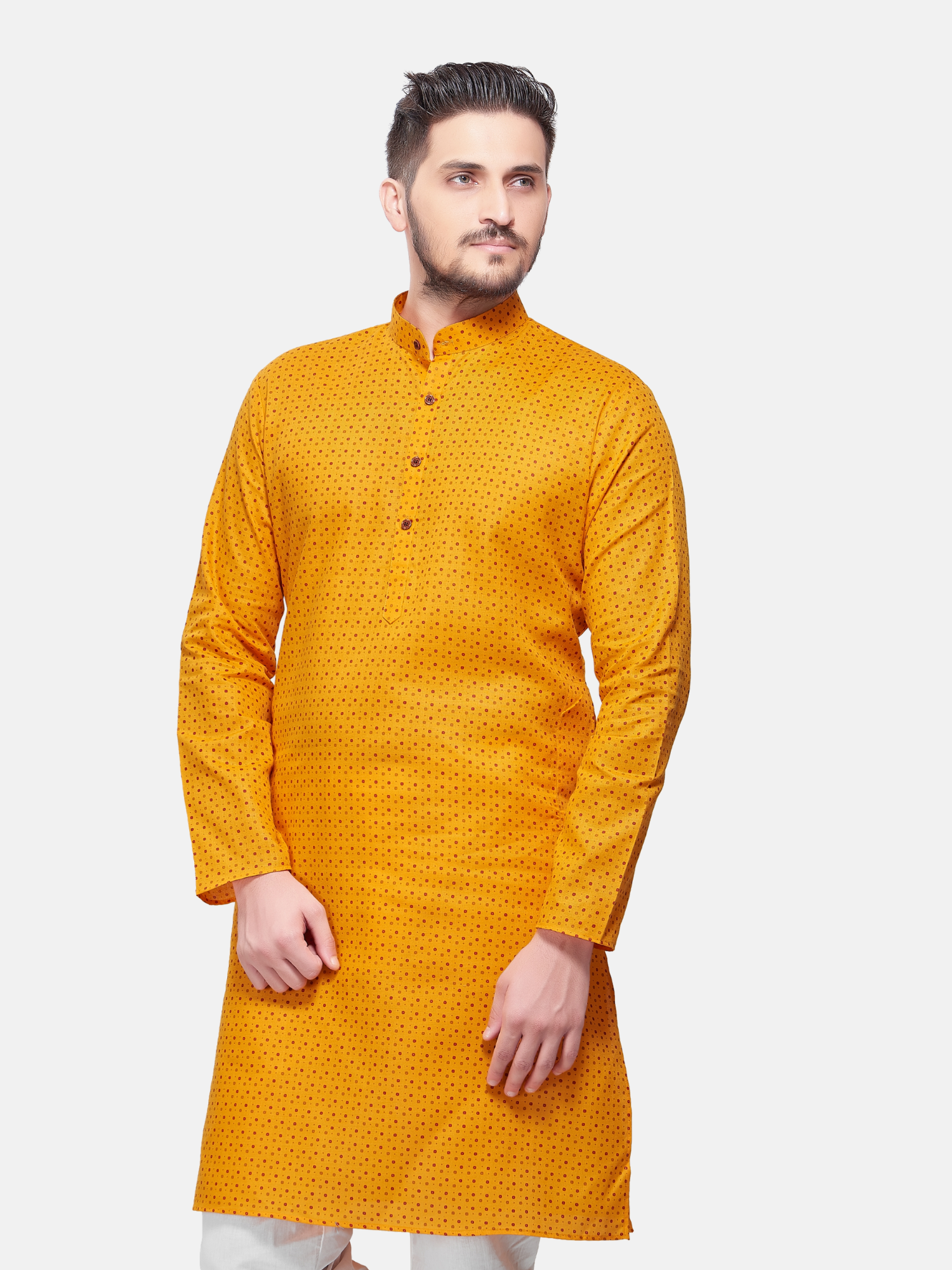 Sunshine Yellow Dot Printed Cotton Kurta and Matching Dhoti