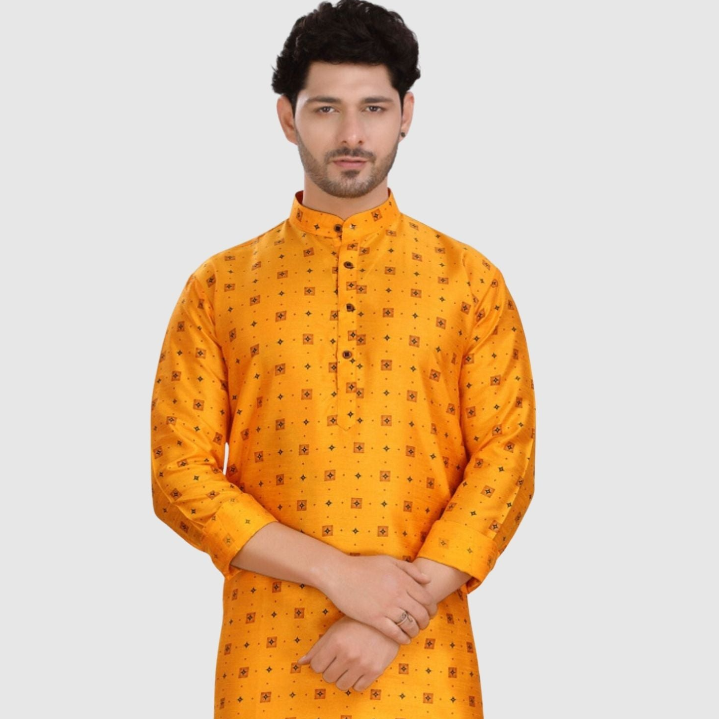 Sun Shine Yellow Silk Printed Kurta and Matching Dhoti