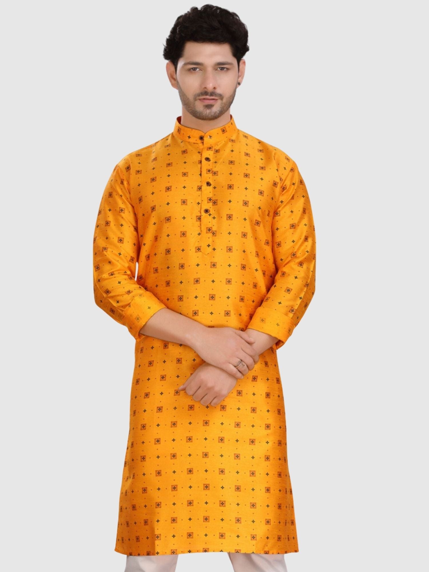 Sun Shine Yellow Silk Printed Kurta and Matching Dhoti