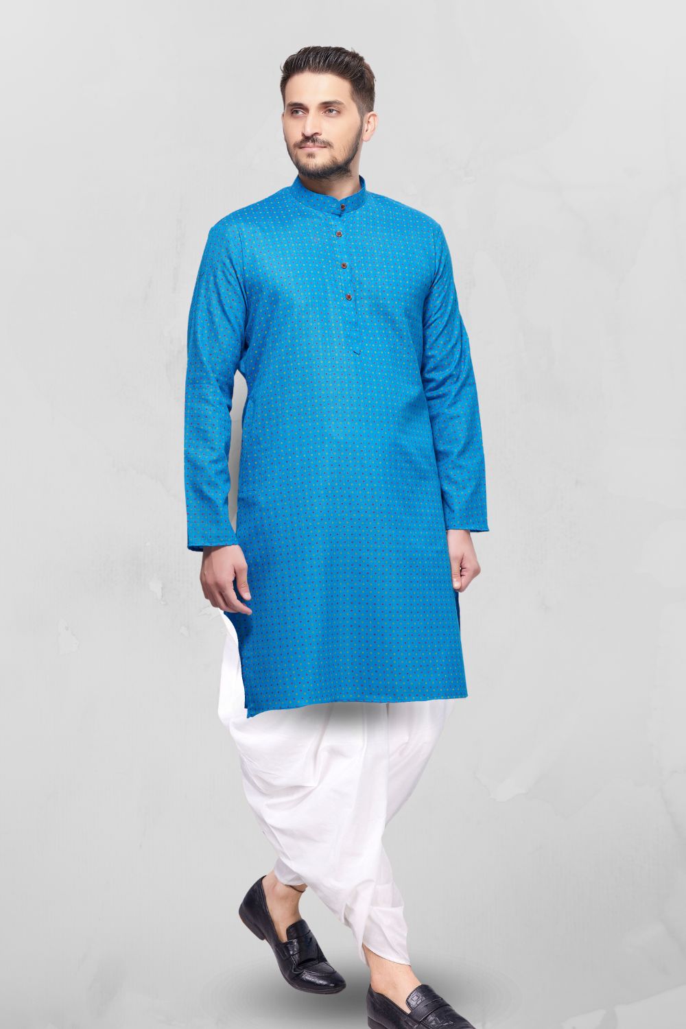 Iris Blue Dot Printed Cotton Kurta Peshawari Set