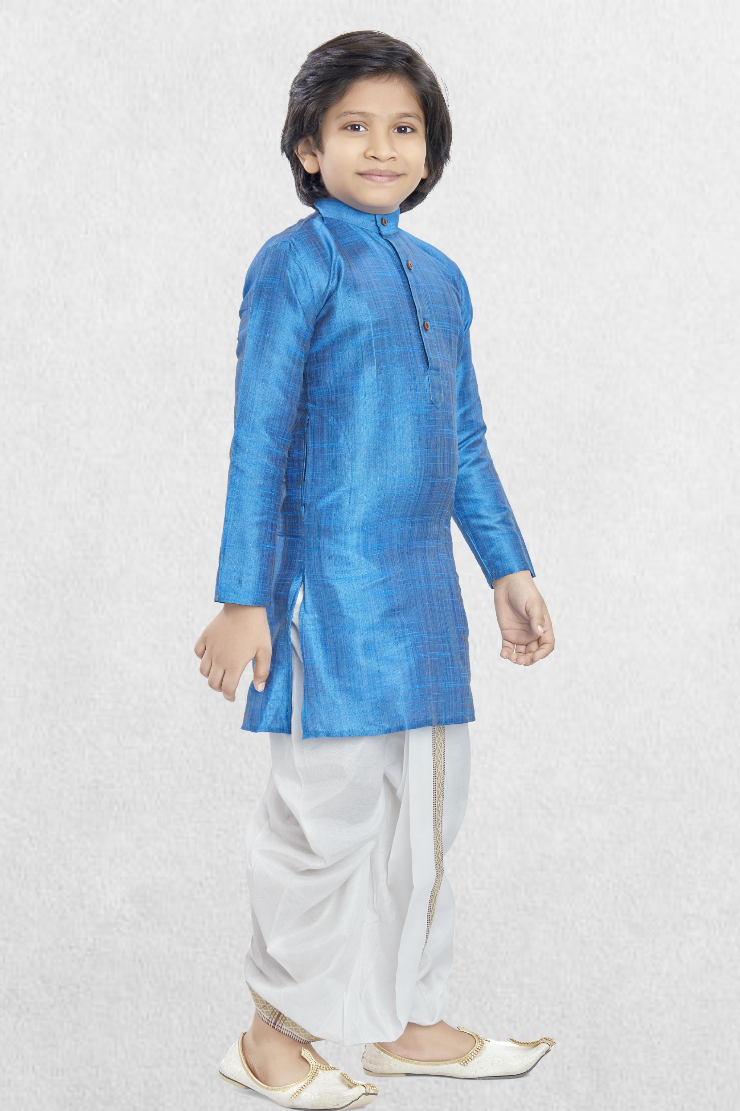 Azure Blue Solid Cotton-Silk Kurta Pitambari Dhoti Suit