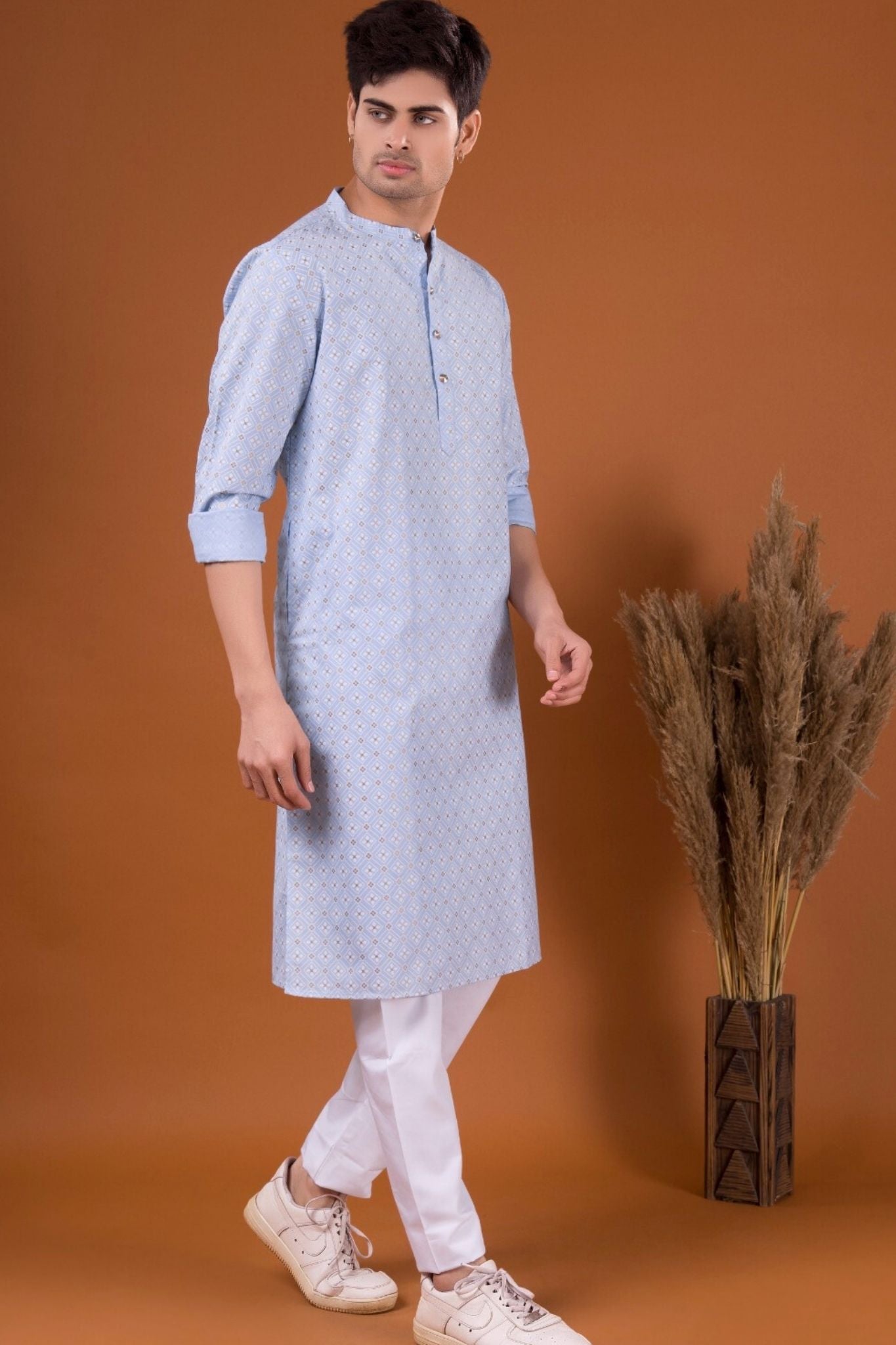 Azure Blue Lotus Gold Printed Cotton Kurta