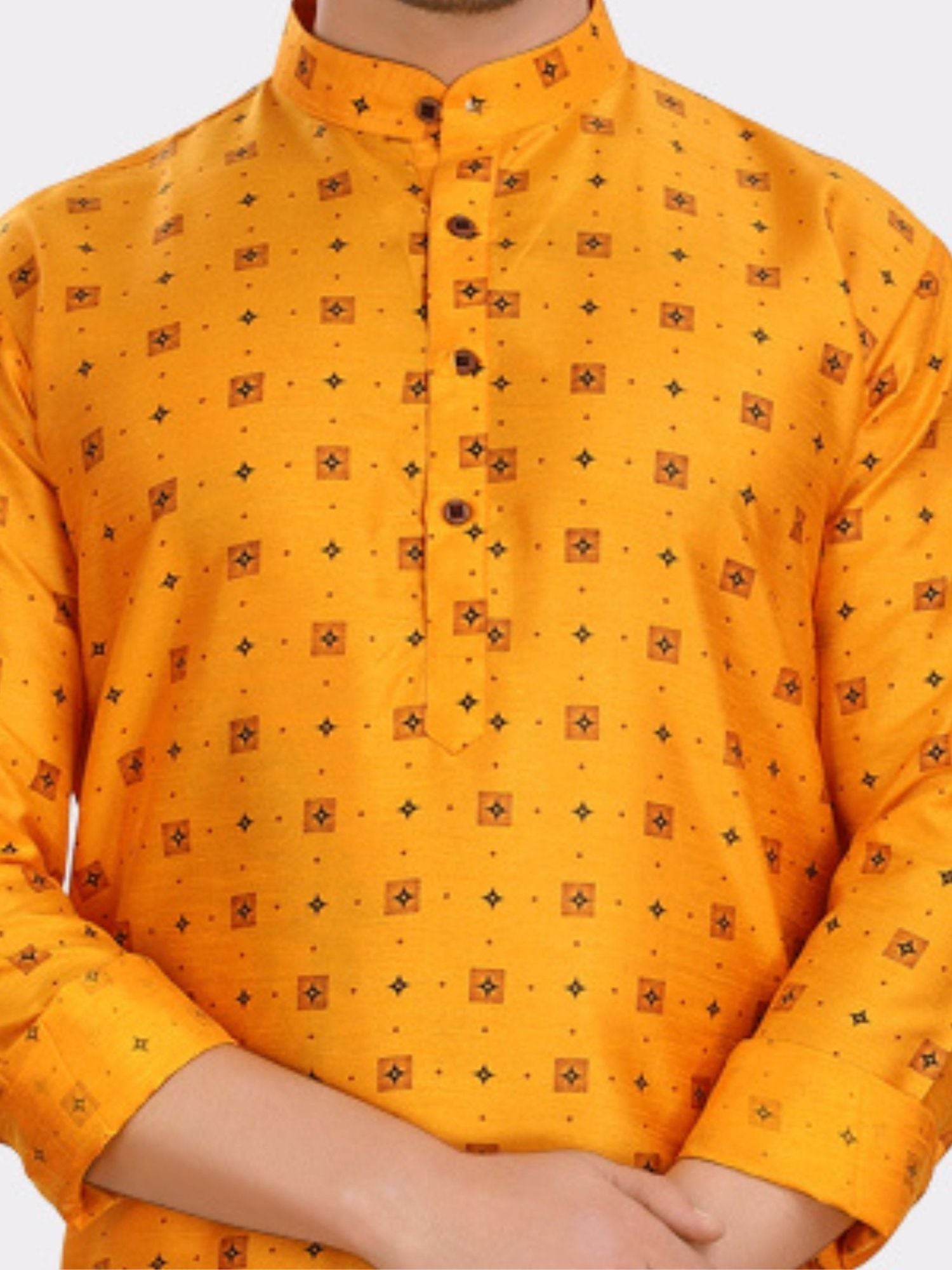 Sun Shine Yellow Silk Printed Kurta and Matching Dhoti