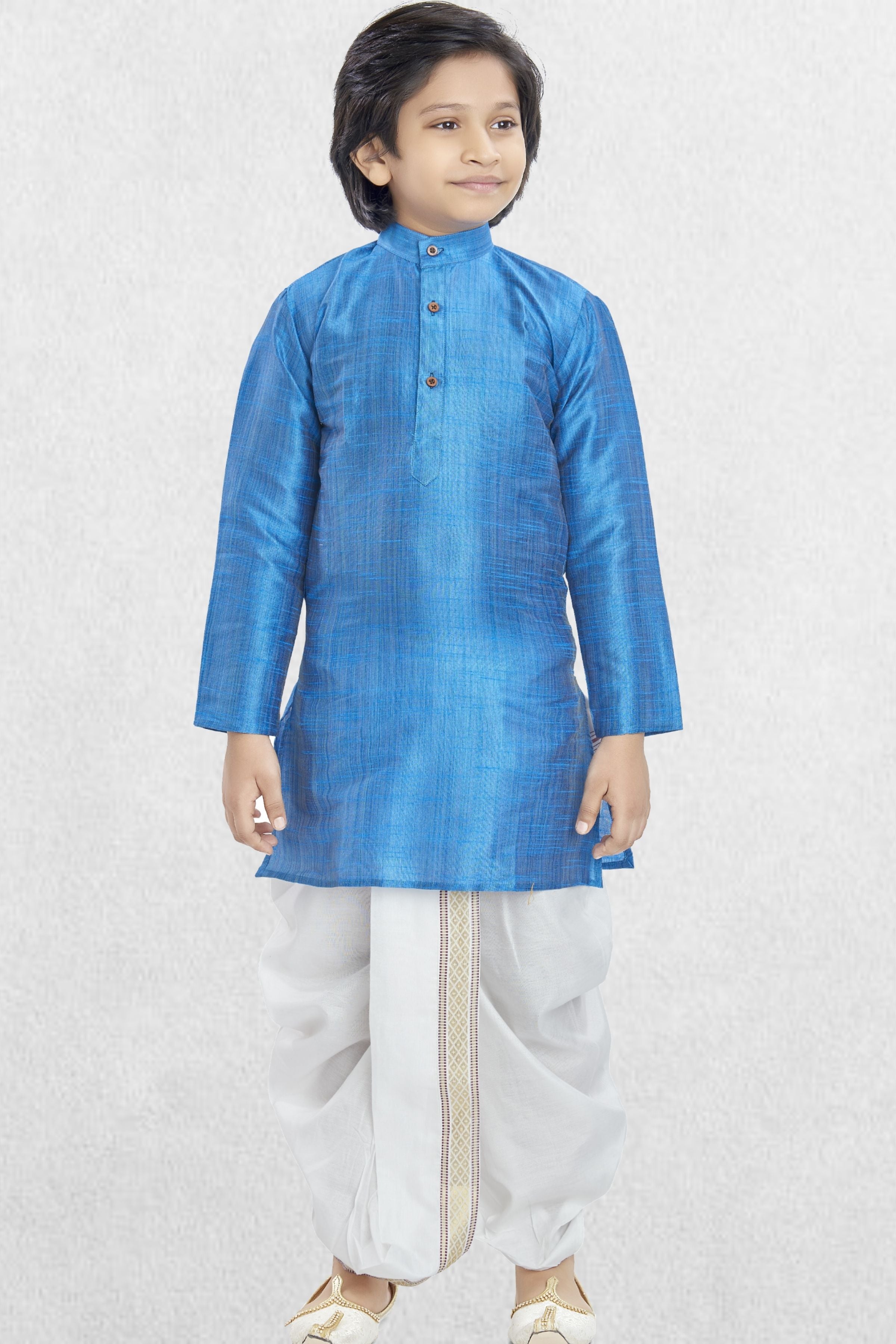 Azure Blue Solid Cotton-Silk Kurta Pitambari Dhoti Suit
