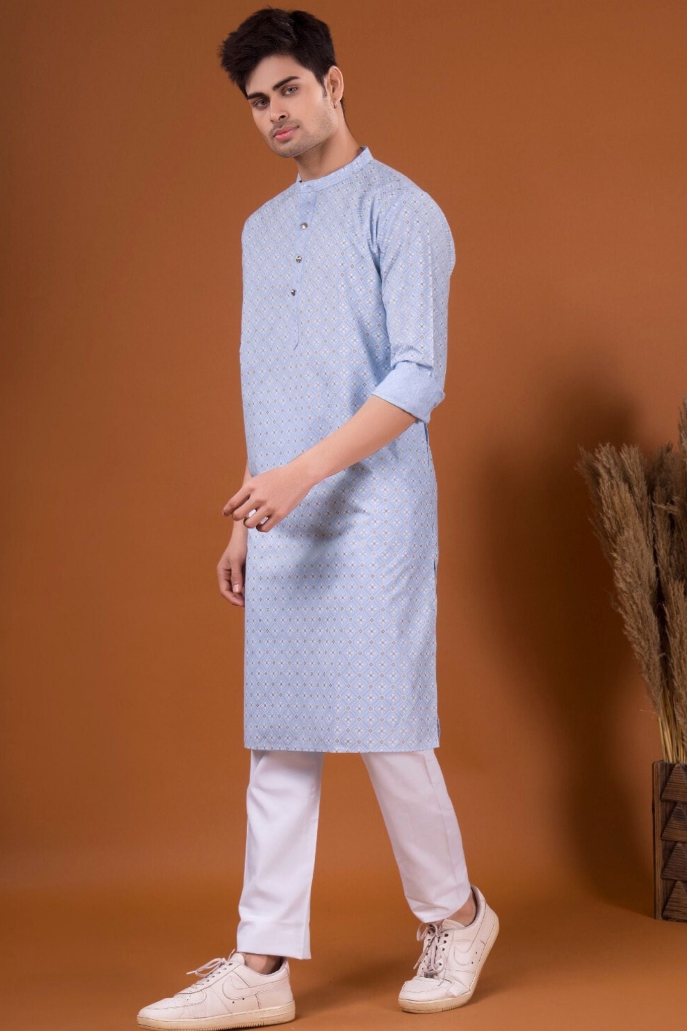 Azure Blue Lotus Gold Printed Cotton Kurta