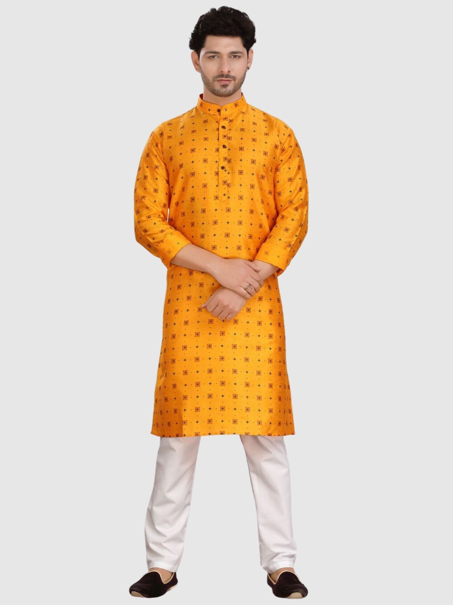 Sun Shine Yellow Silk Printed Kurta and Matching Dhoti