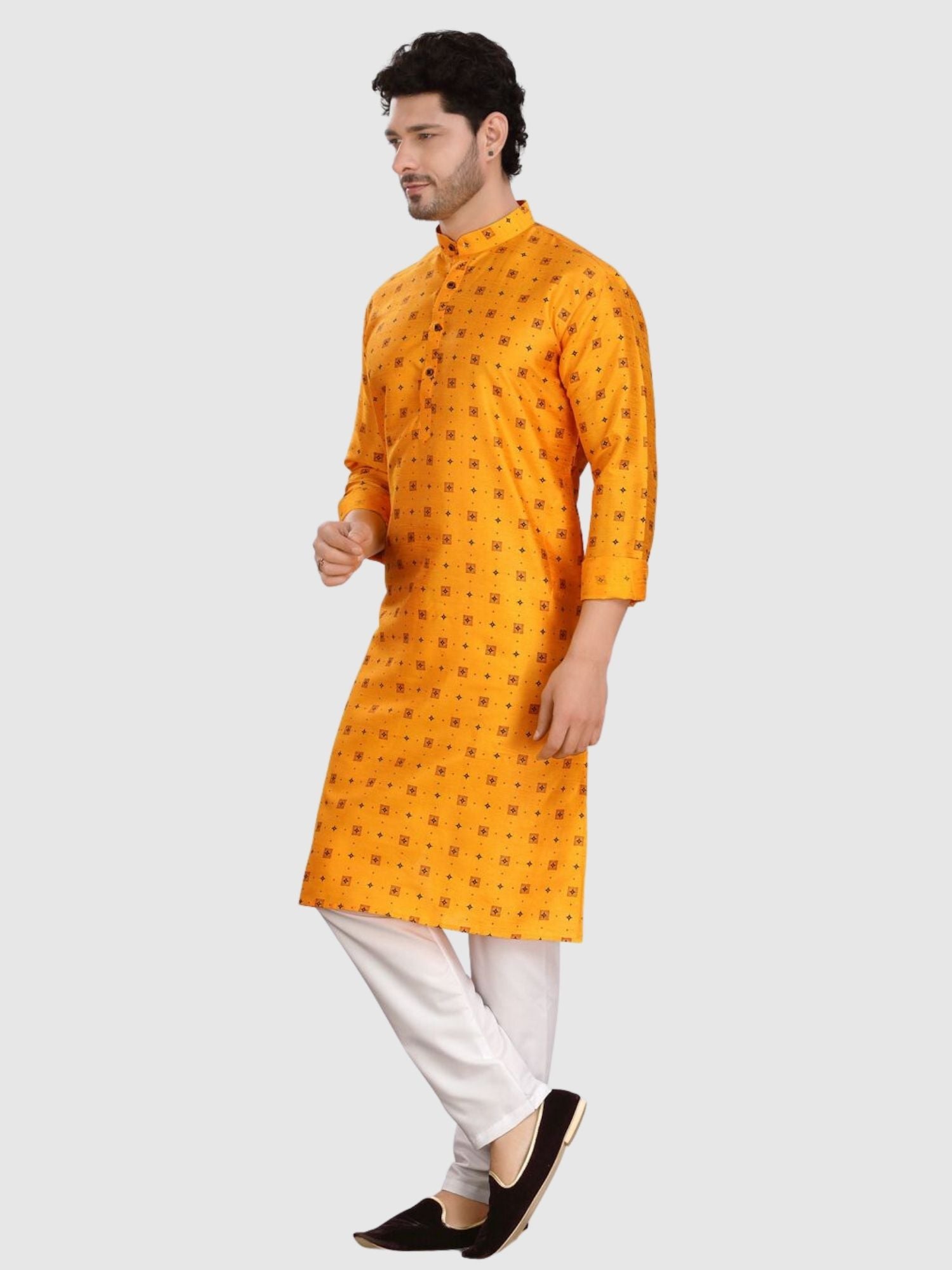 Sun Shine Yellow Silk Printed Kurta and Matching Dhoti