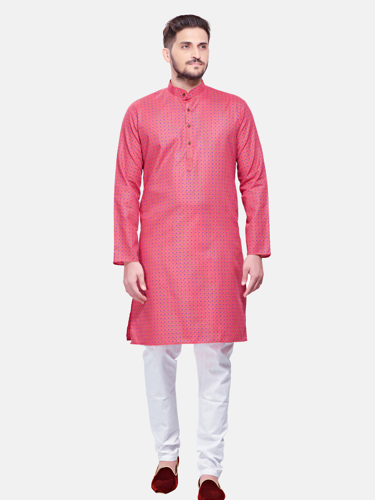 Persion Pink Dot Printed Cotton Kurta and Matching Dhoti