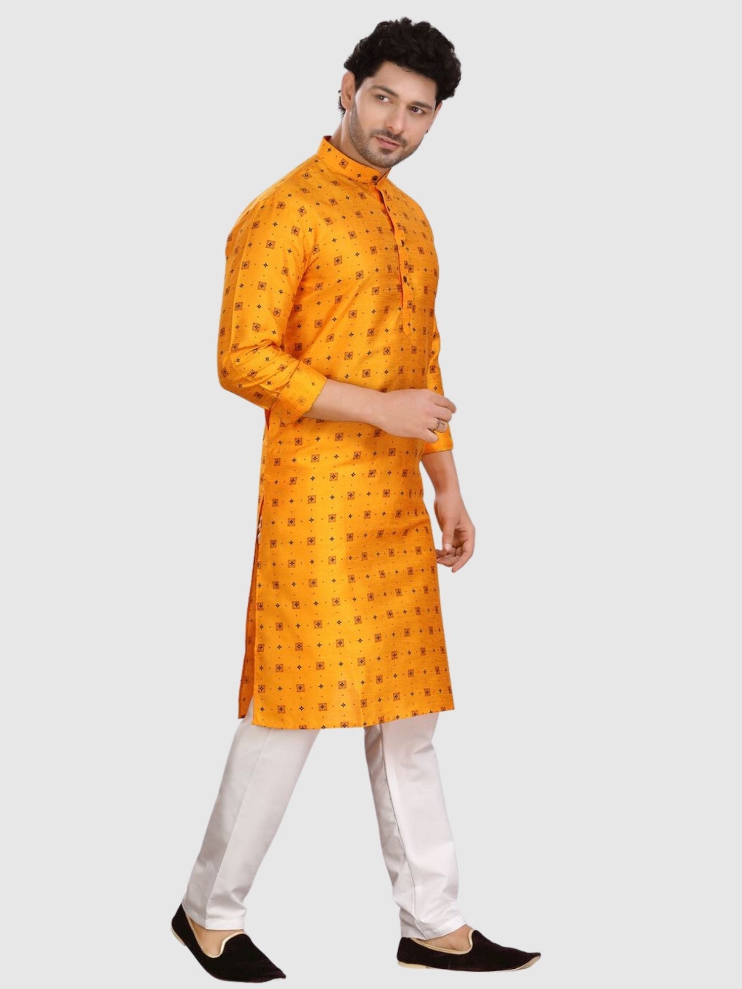 Sun Shine Yellow Silk Printed Kurta and Matching Dhoti