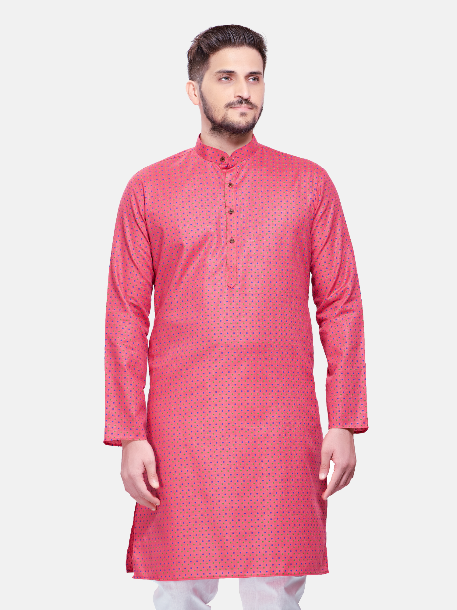 Persion Pink Dot Printed Cotton Kurta and Matching Dhoti