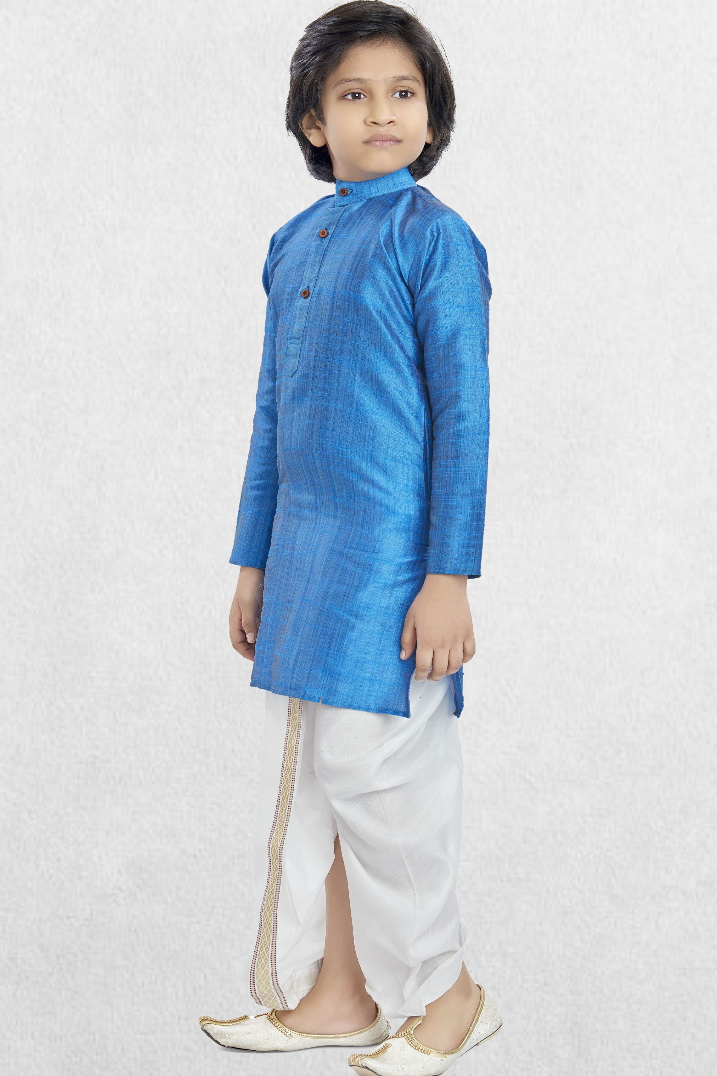 Azure Blue Solid Cotton-Silk Kurta Pitambari Dhoti Suit