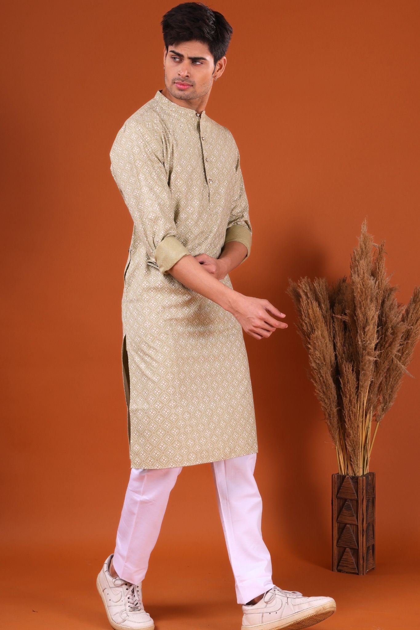 Tropical Green Lotus Gold Printed Cotton Kurta Pajama Set