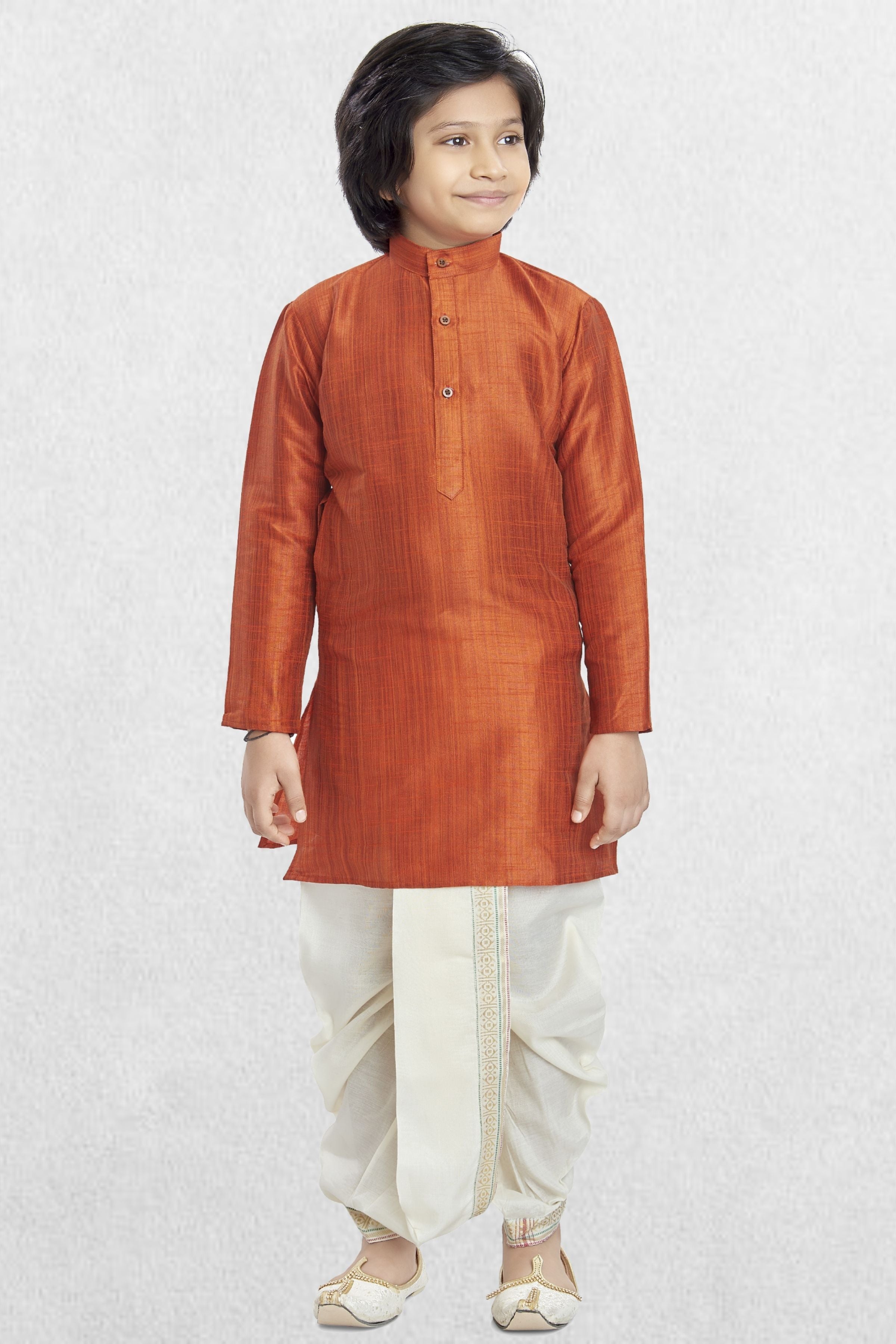 Apricot Orange Solid Cotton-Silk Kurta Pitambari Dhoti Suit
