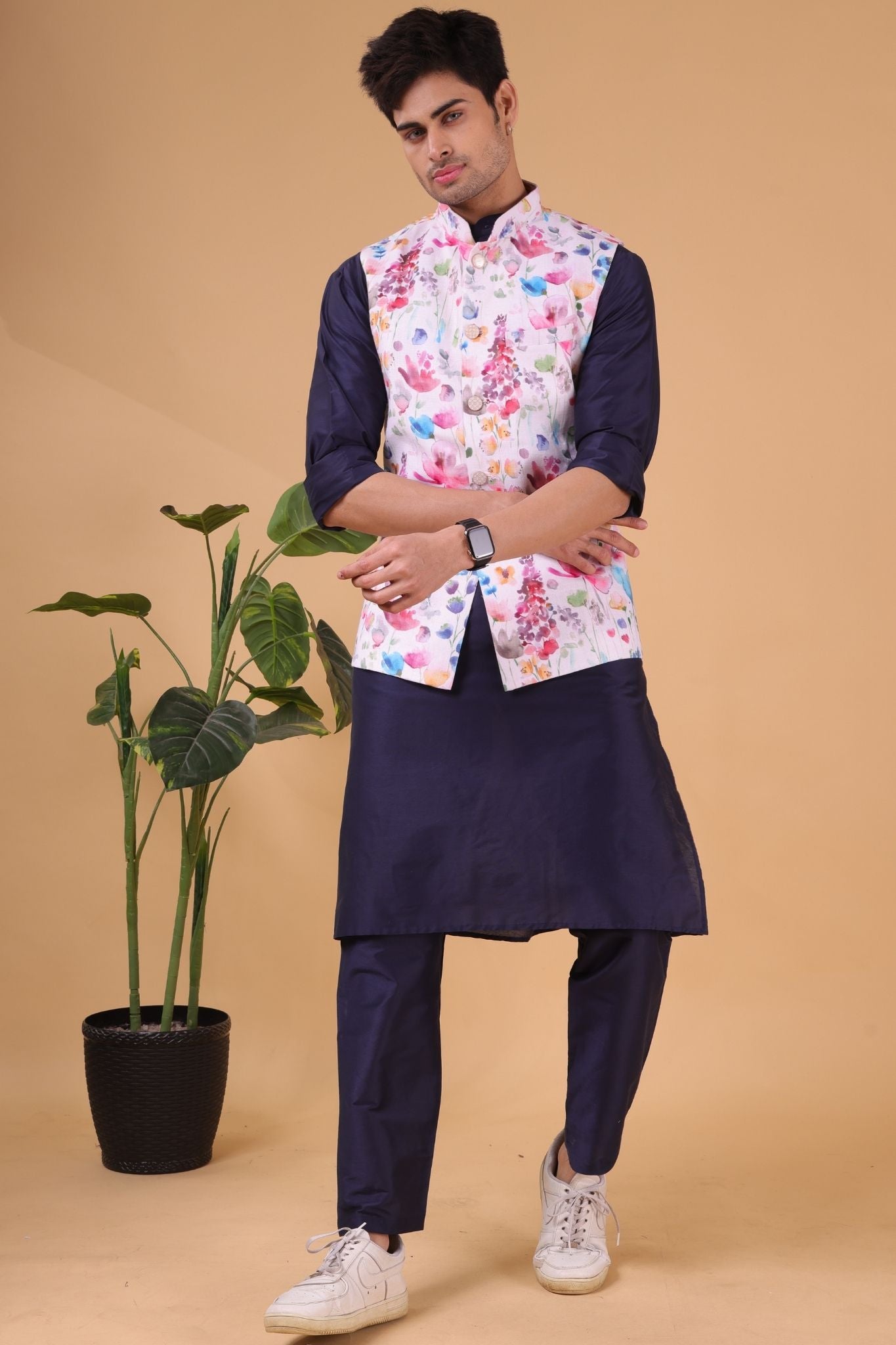 Multicolor Solid Pattern Silk Kurta Jacket Set