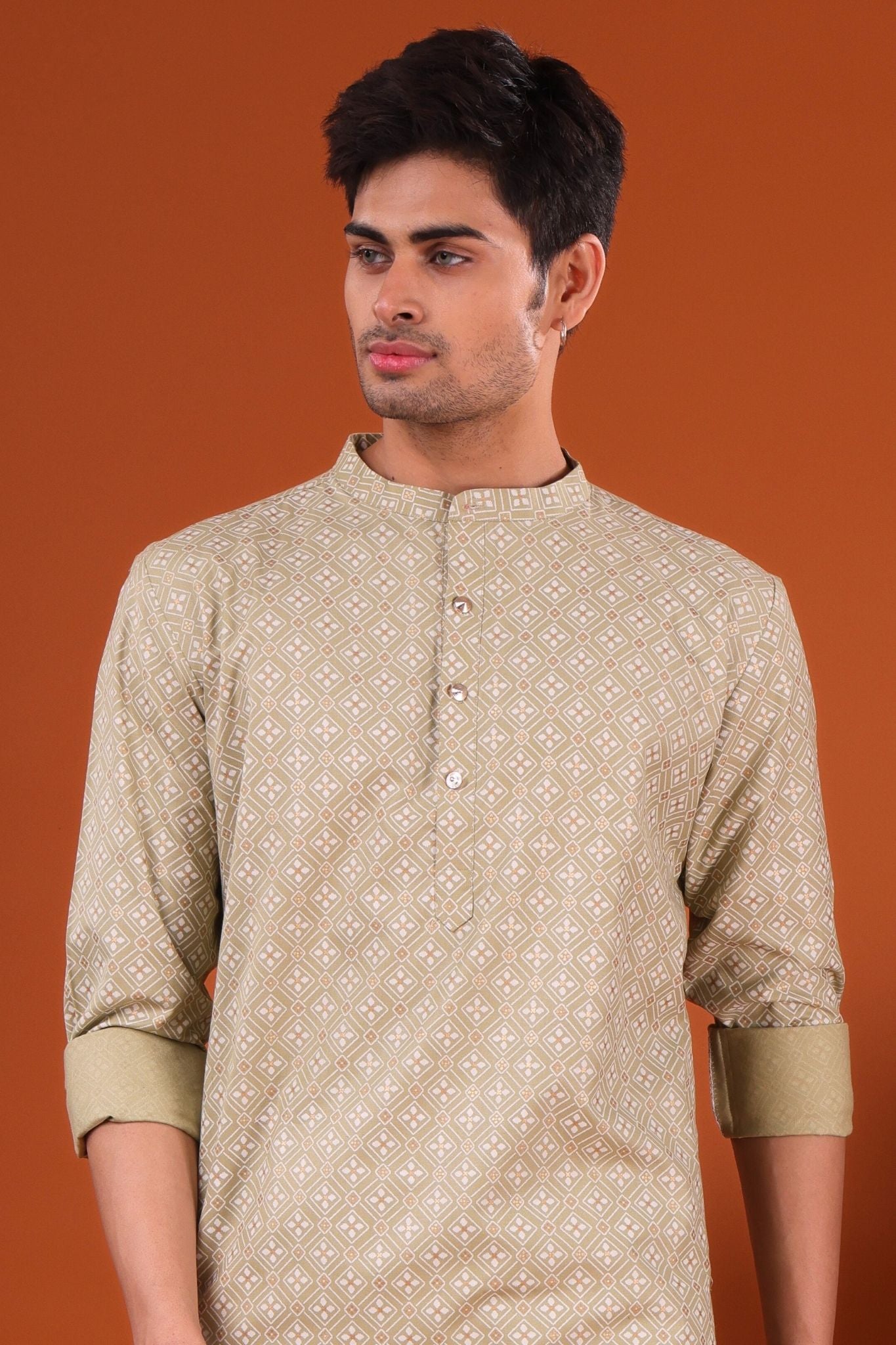 Tropical Green Lotus Gold Printed Cotton Kurta Pajama Set