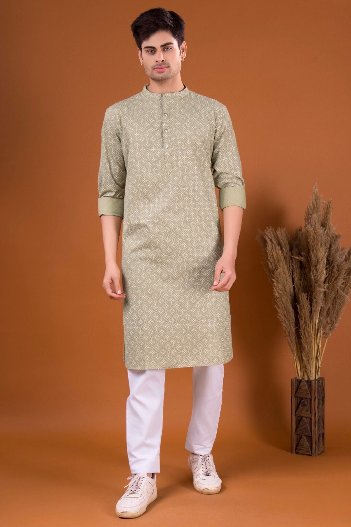 Tropical Green Lotus Gold Printed Cotton Kurta Pajama Set