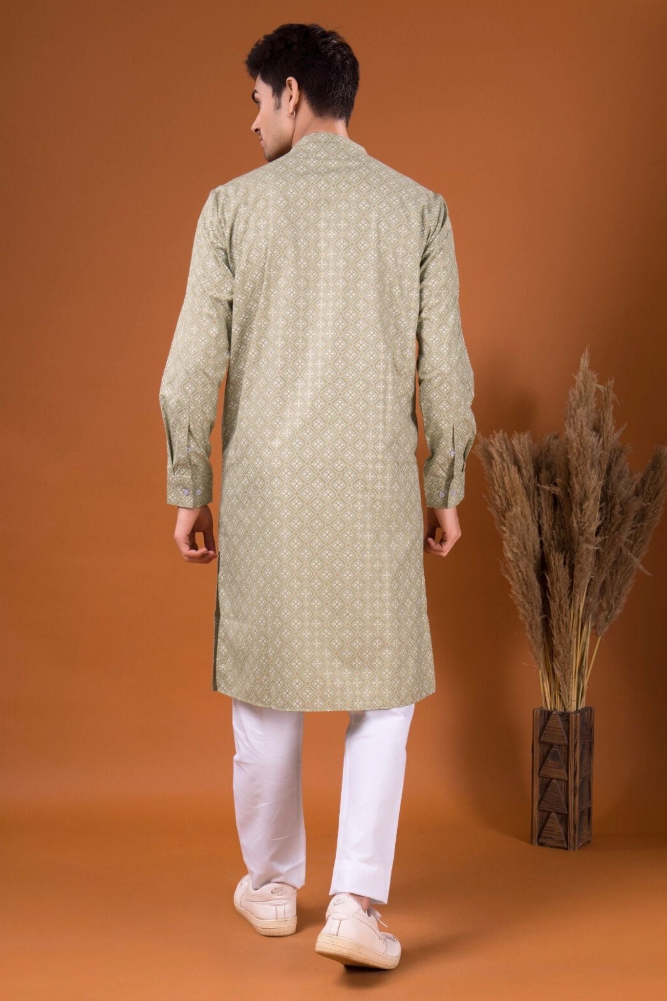 Tropical Green Lotus Gold Printed Cotton Kurta Pajama Set