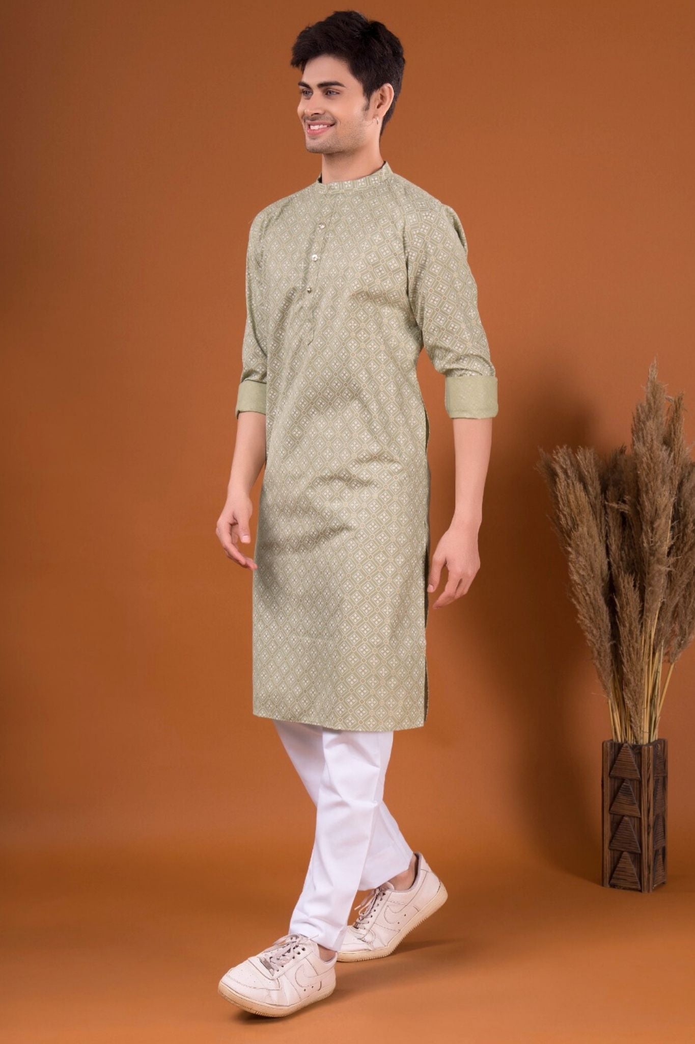 Tropical Green Lotus Gold Printed Cotton Kurta Pajama Set