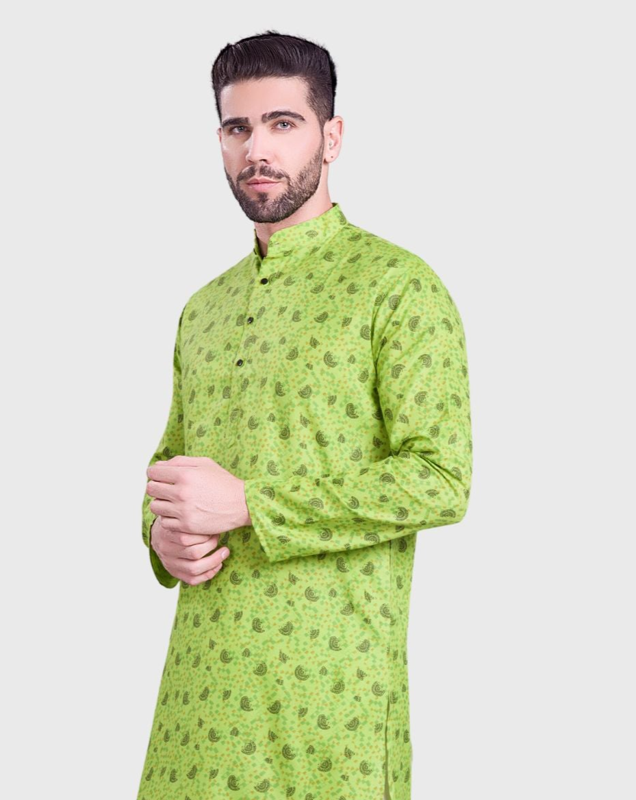 Tropical Green Hloom Printed Cotton Kurta