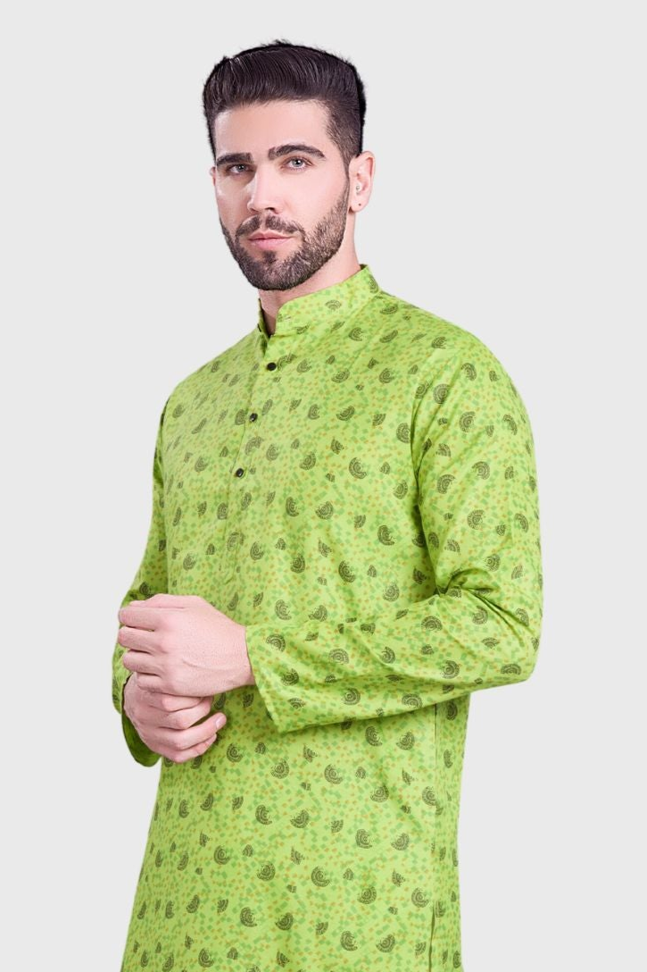 Lime Green Hloom Printed Cotton Kurta Pajama Set