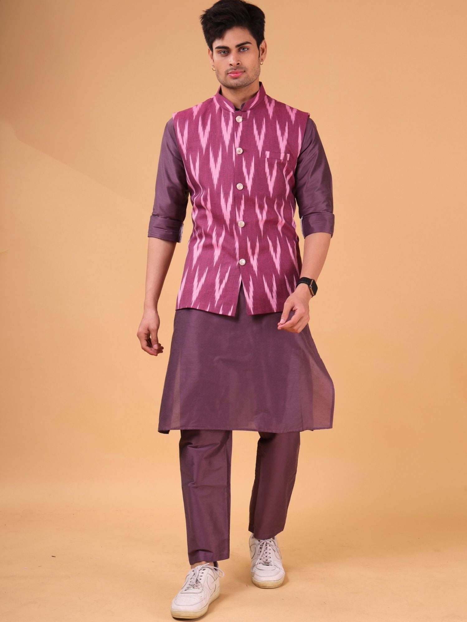 Rich Maroon Solid Pattern Cotton Kurta Jacket Set