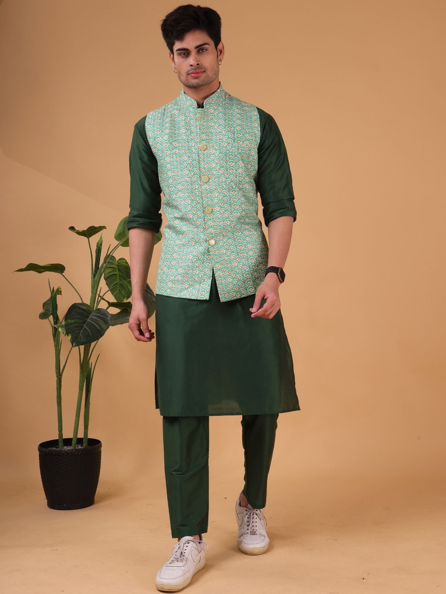 Tropical Green Solid Pattern Cotton Silk Kurta Jacket Set
