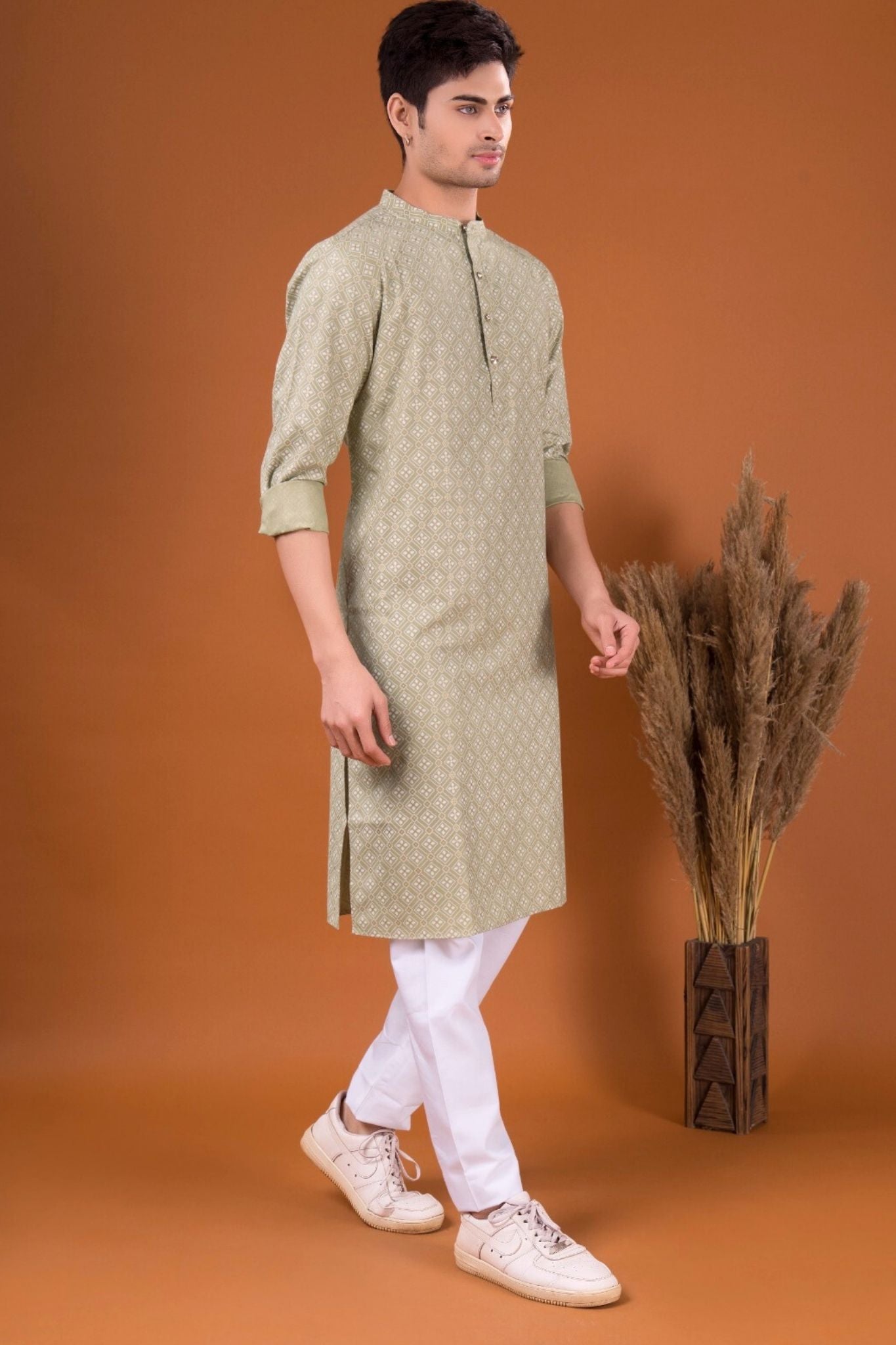 Tropical Green Lotus Gold Printed Cotton Kurta Pajama Set