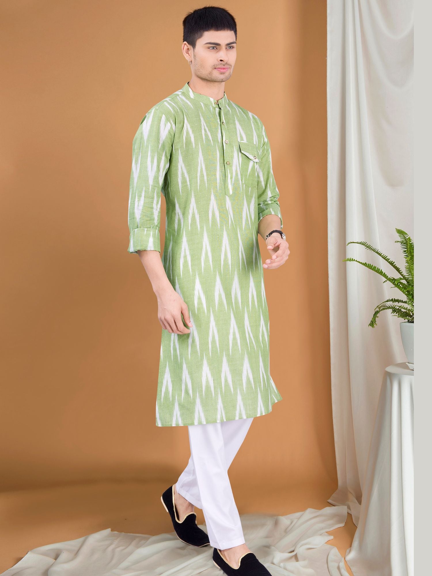 Tropical Green Ikat Print Cotton Kurta