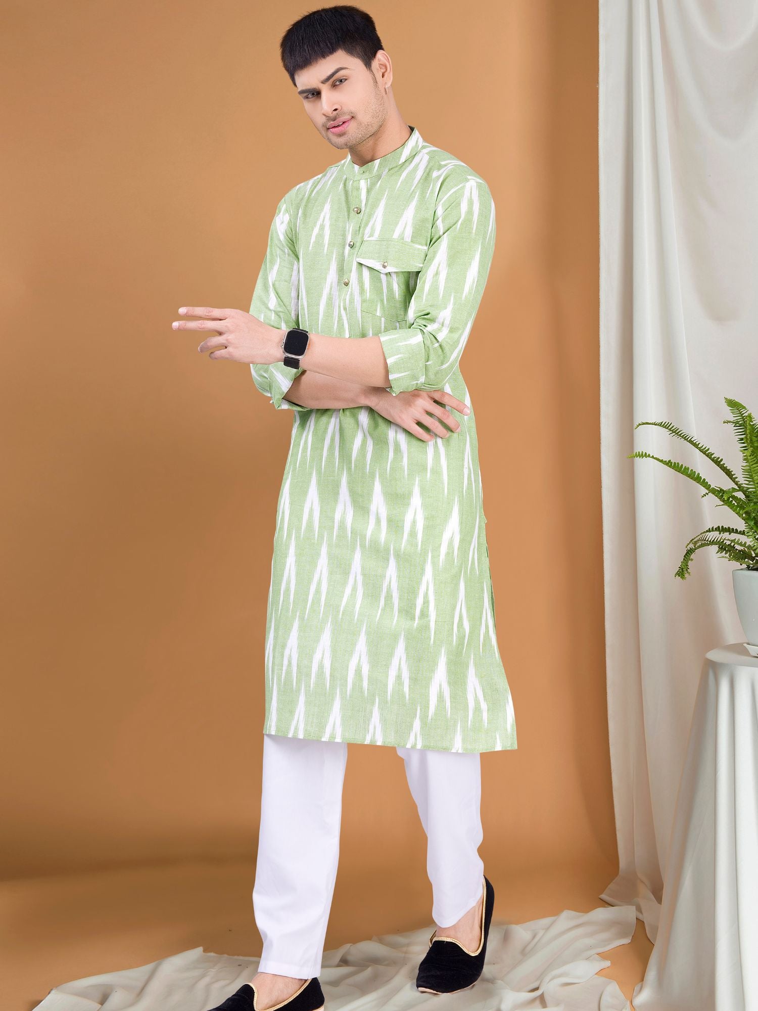 Tropical Green Ikat Print Kurta Pajama Set
