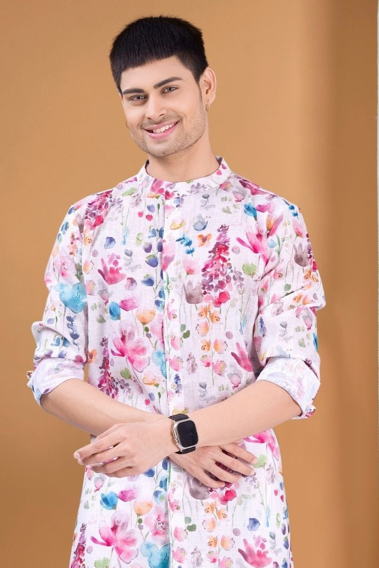 Butter Cream Tropical Paradise Kurta Pajama Set