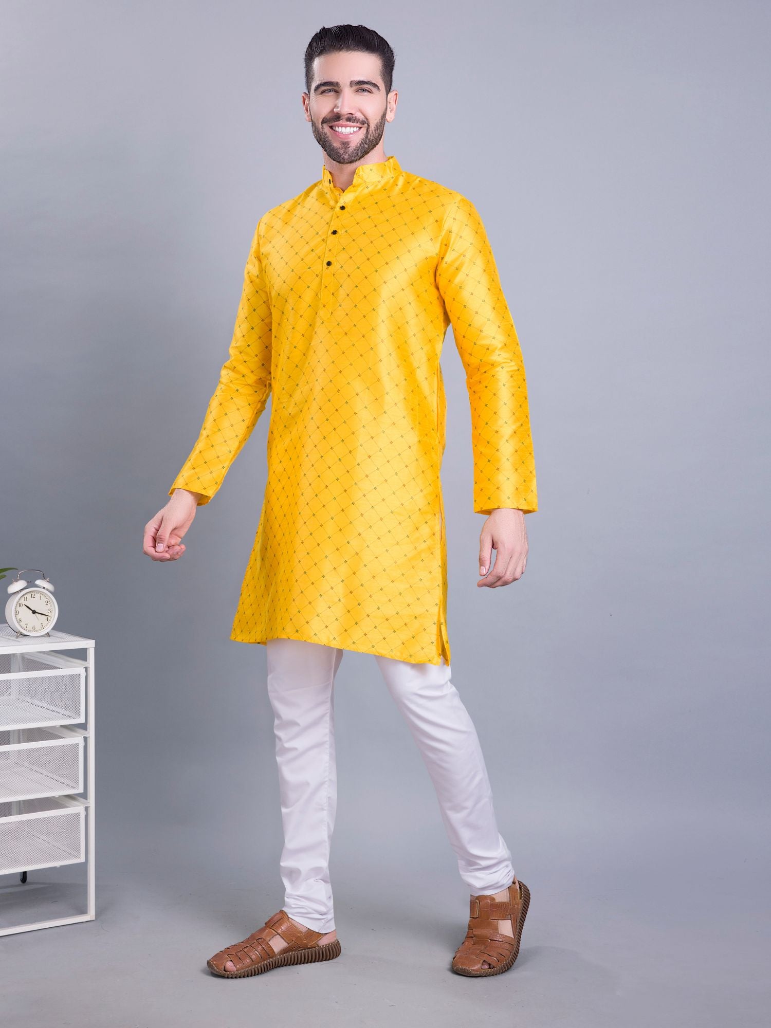 Sun Shine Yellow Hloom Printed Silk Kurta