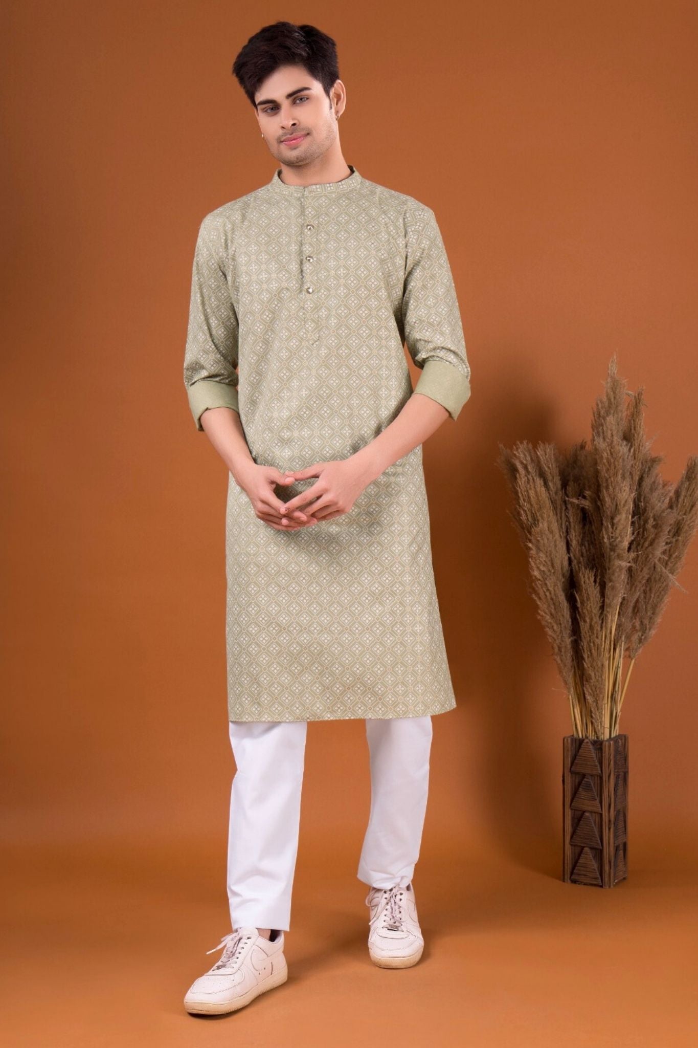 Tropical Green Lotus Gold Printed Cotton Kurta Pajama Set