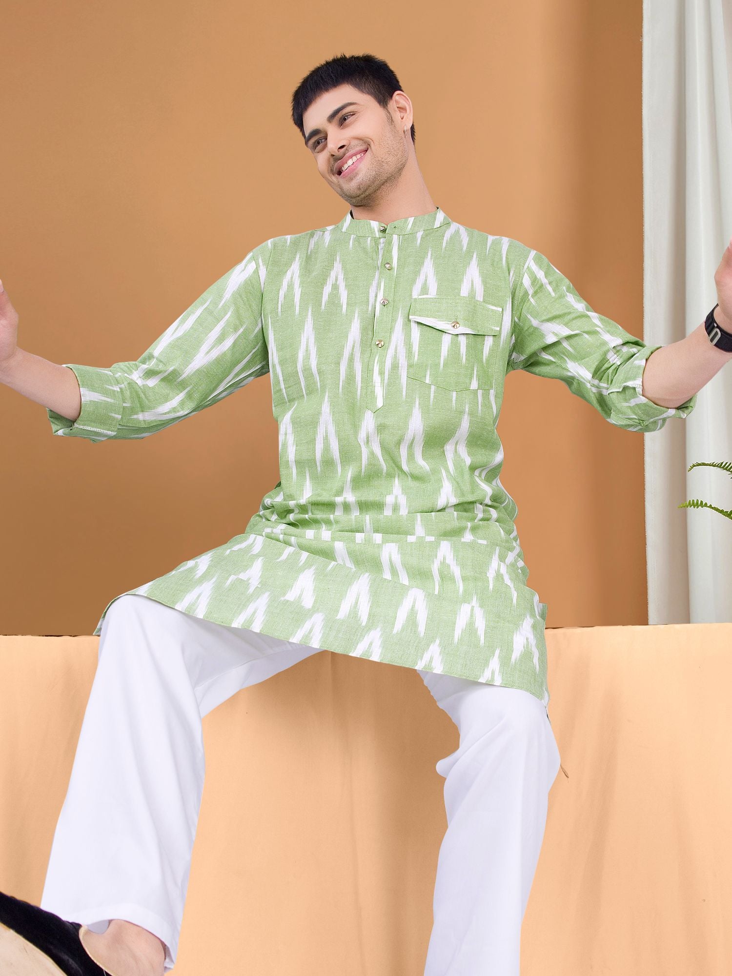 Tropical Green Ikat Print Cotton Kurta