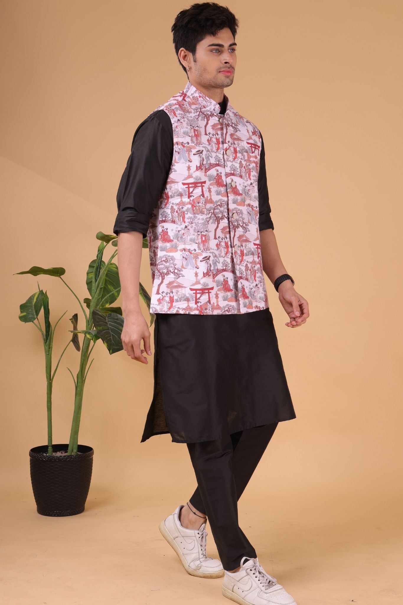 Cider Brown Solid Pattern Silk Kurta Jacket Set