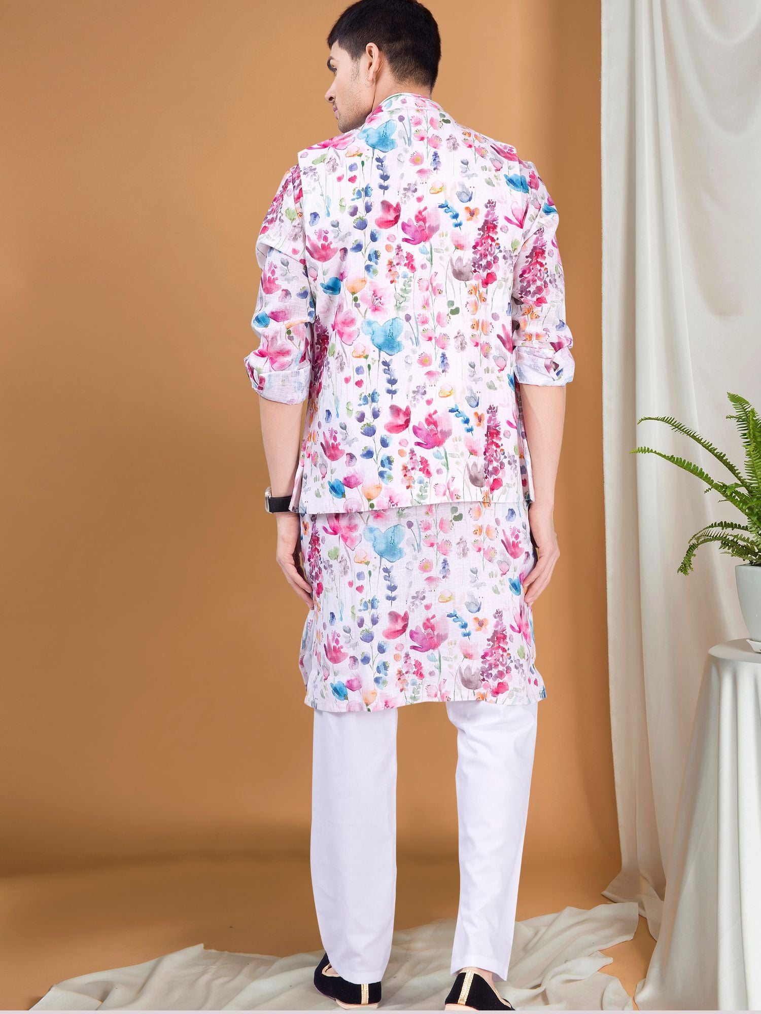 Butter Cream Tropical Paradise Kurta Jacket Set