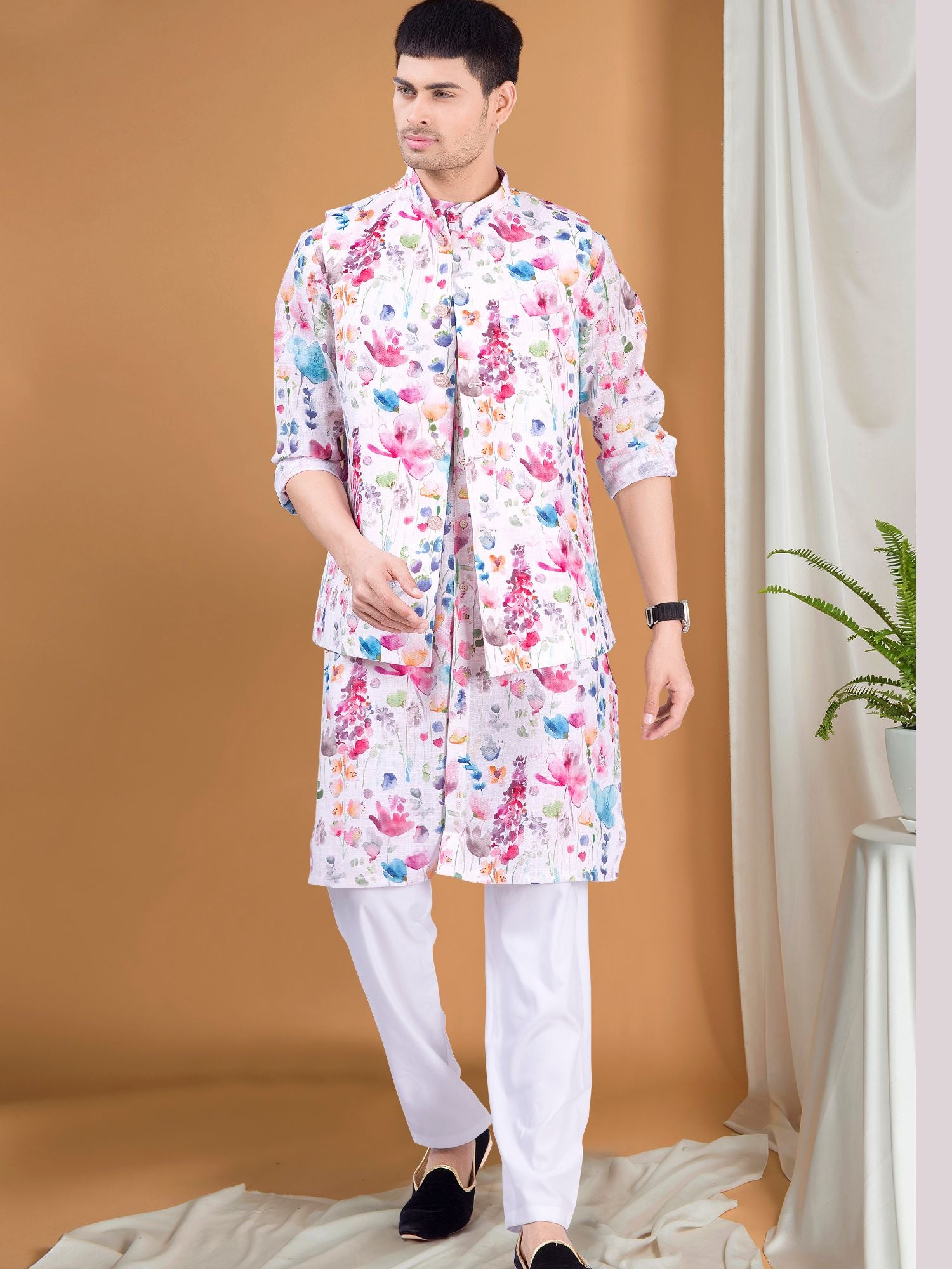 Butter Cream Tropical Paradise Kurta Jacket Set