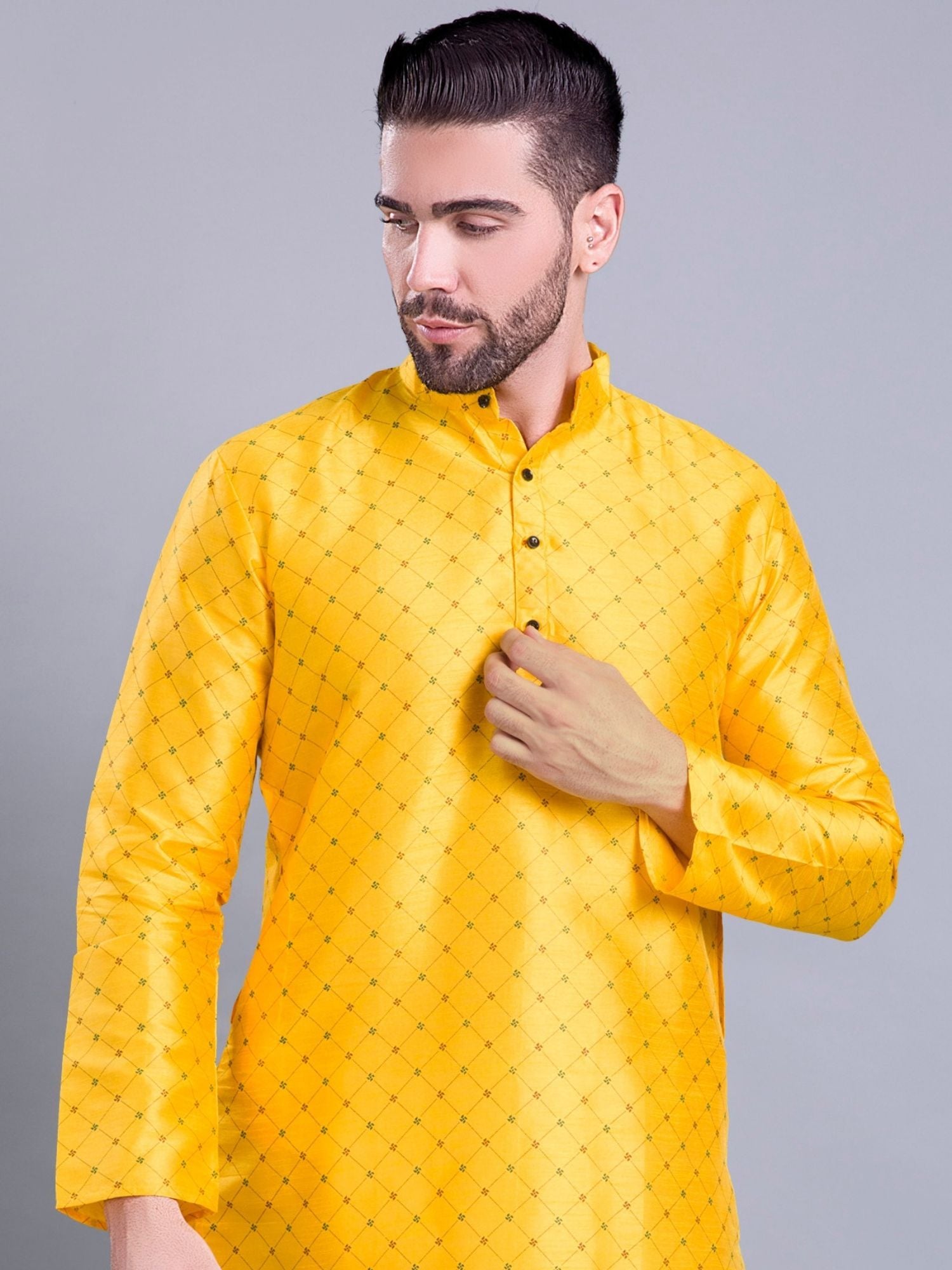 Sun Shine Yellow Hloom Printed Silk Kurta