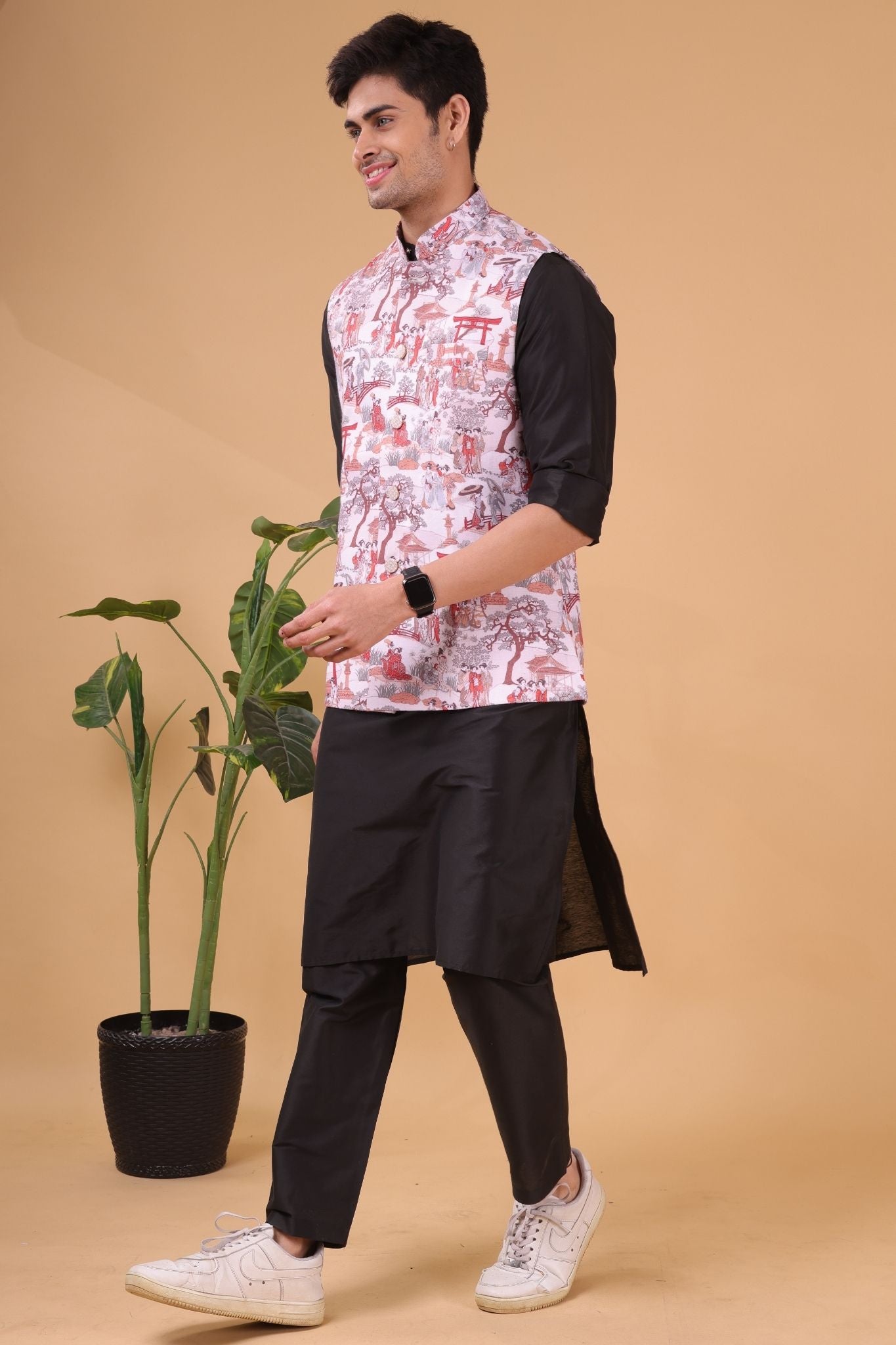 Cider Brown Solid Pattern Silk Kurta Jacket Set