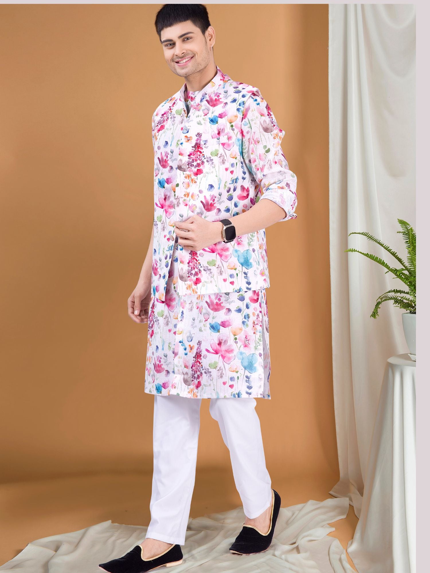 Butter Cream Tropical Paradise Kurta Jacket Set