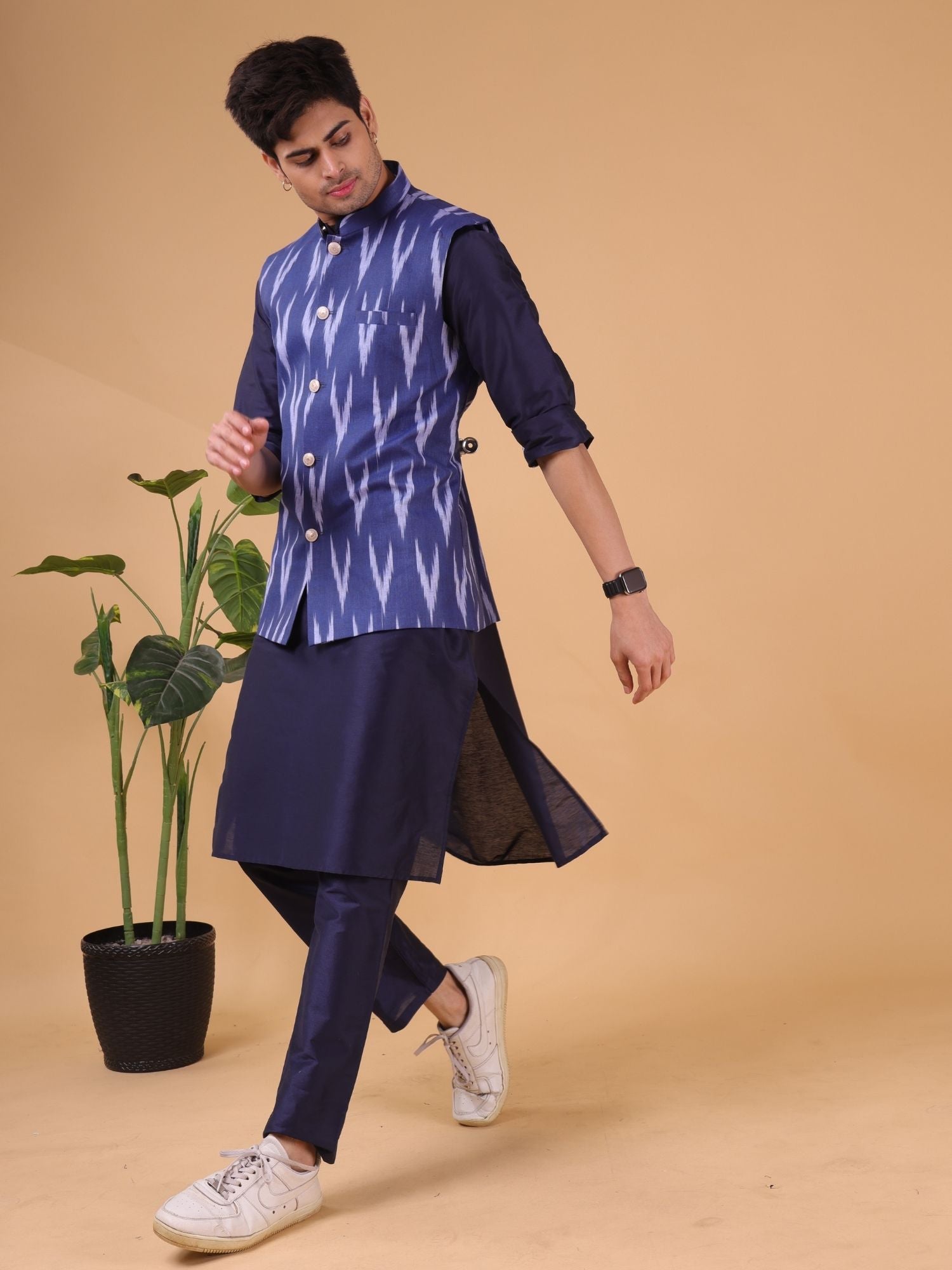 Iris Blue Solid Pattern Cotton Kurta Jacket Set