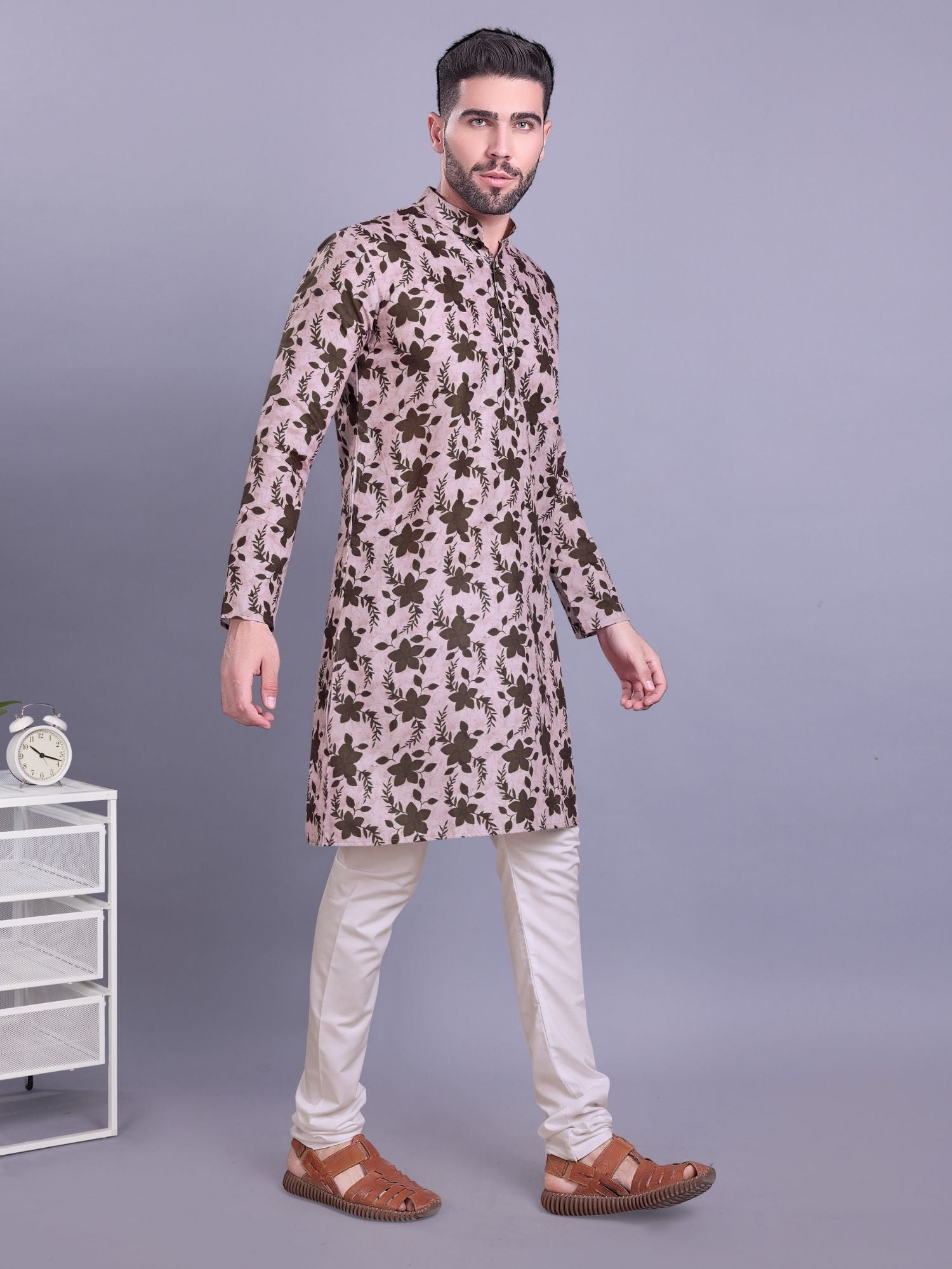Coral Peach Indi Print Cotton Kurta