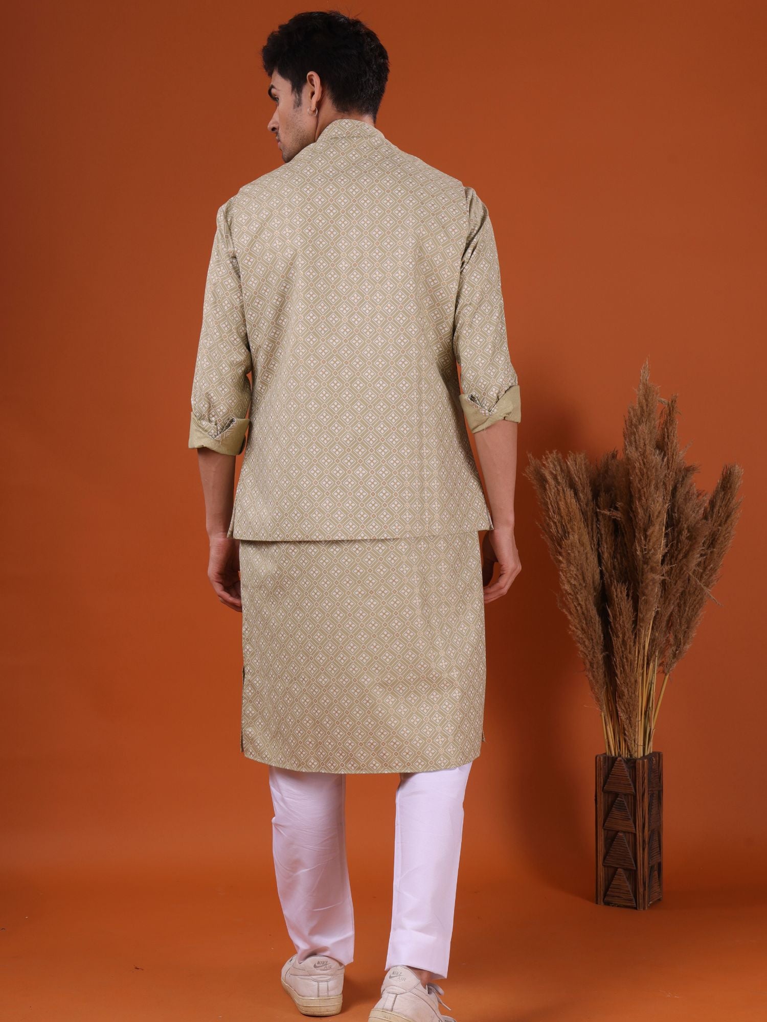 Crocodile Green Lotus Gold Printed Cotton Kurta Jacket Set