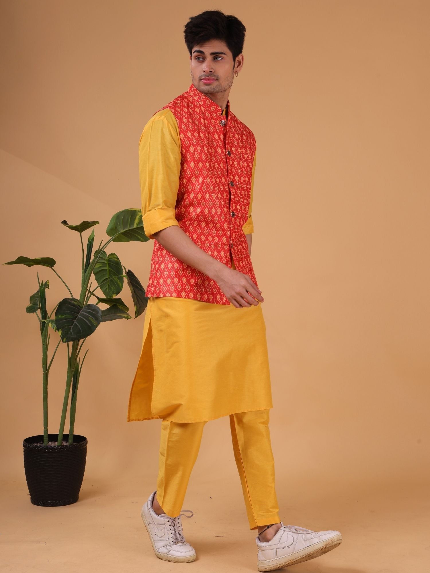 Shine Of Yellow Solid Pattern Cotton Silk Kurta Jacket Set