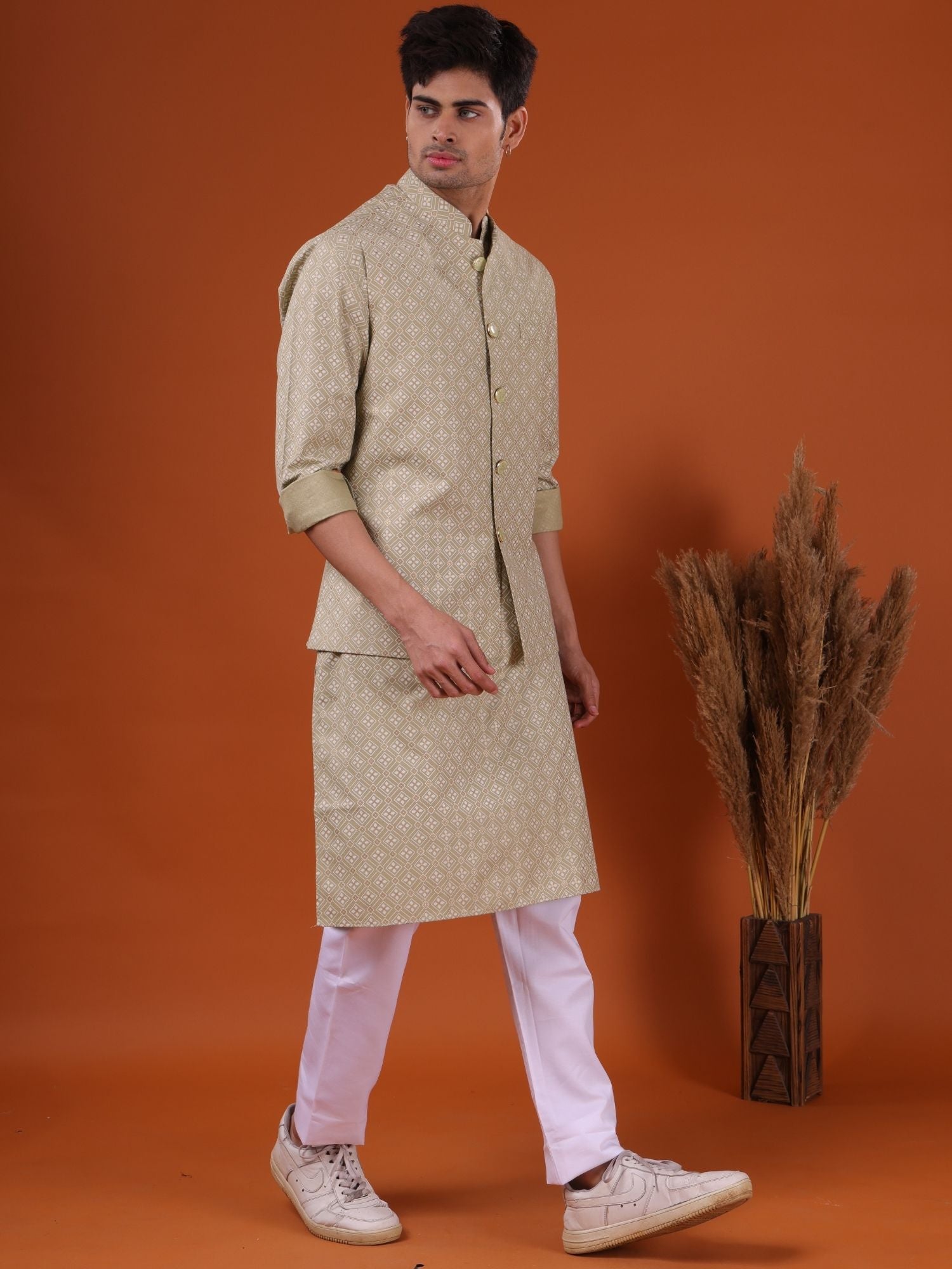 Crocodile Green Lotus Gold Printed Cotton Kurta Jacket Set
