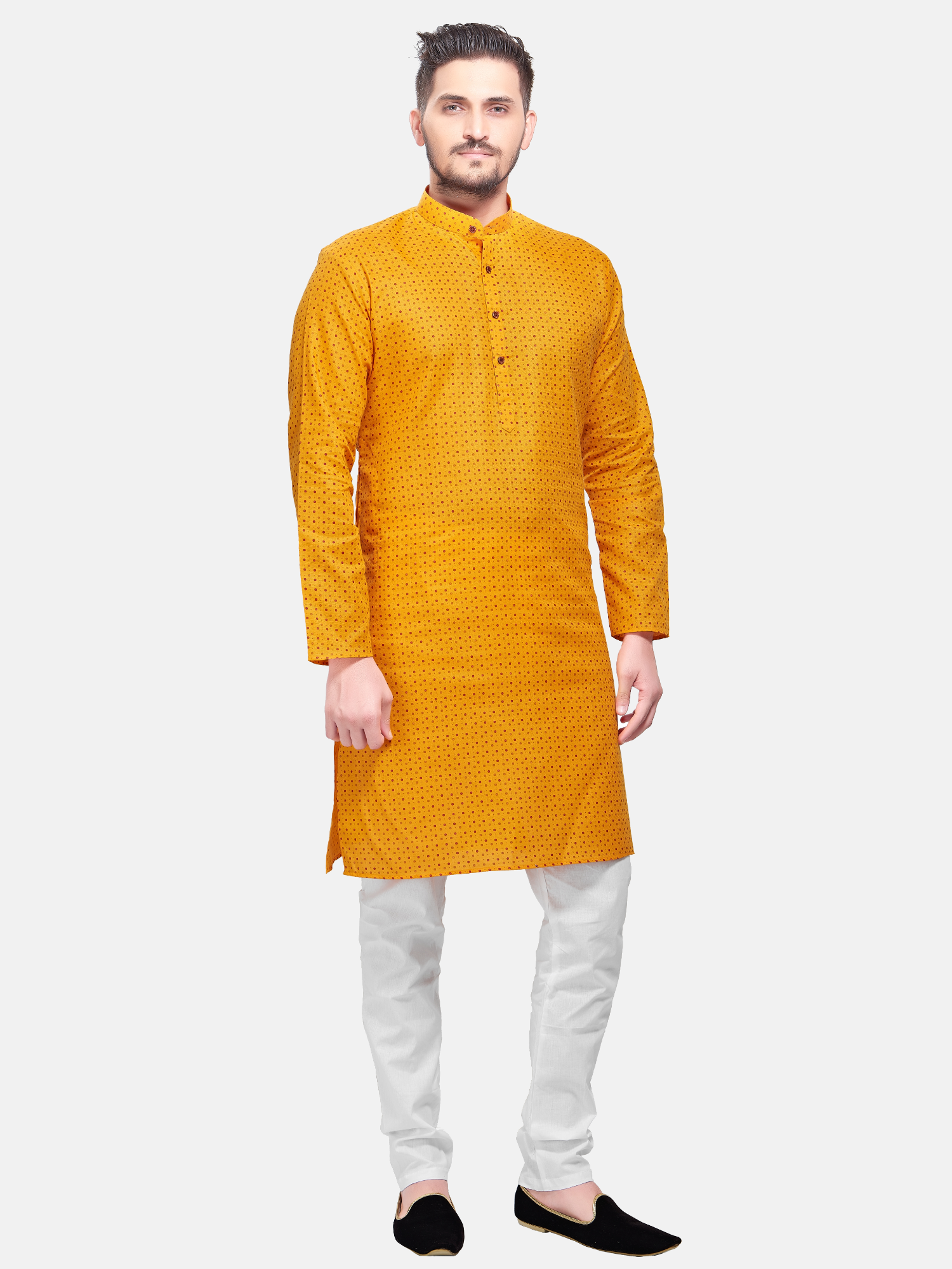 Sunshine Yellow Dot Printed Cotton Kurta and Matching Dhoti