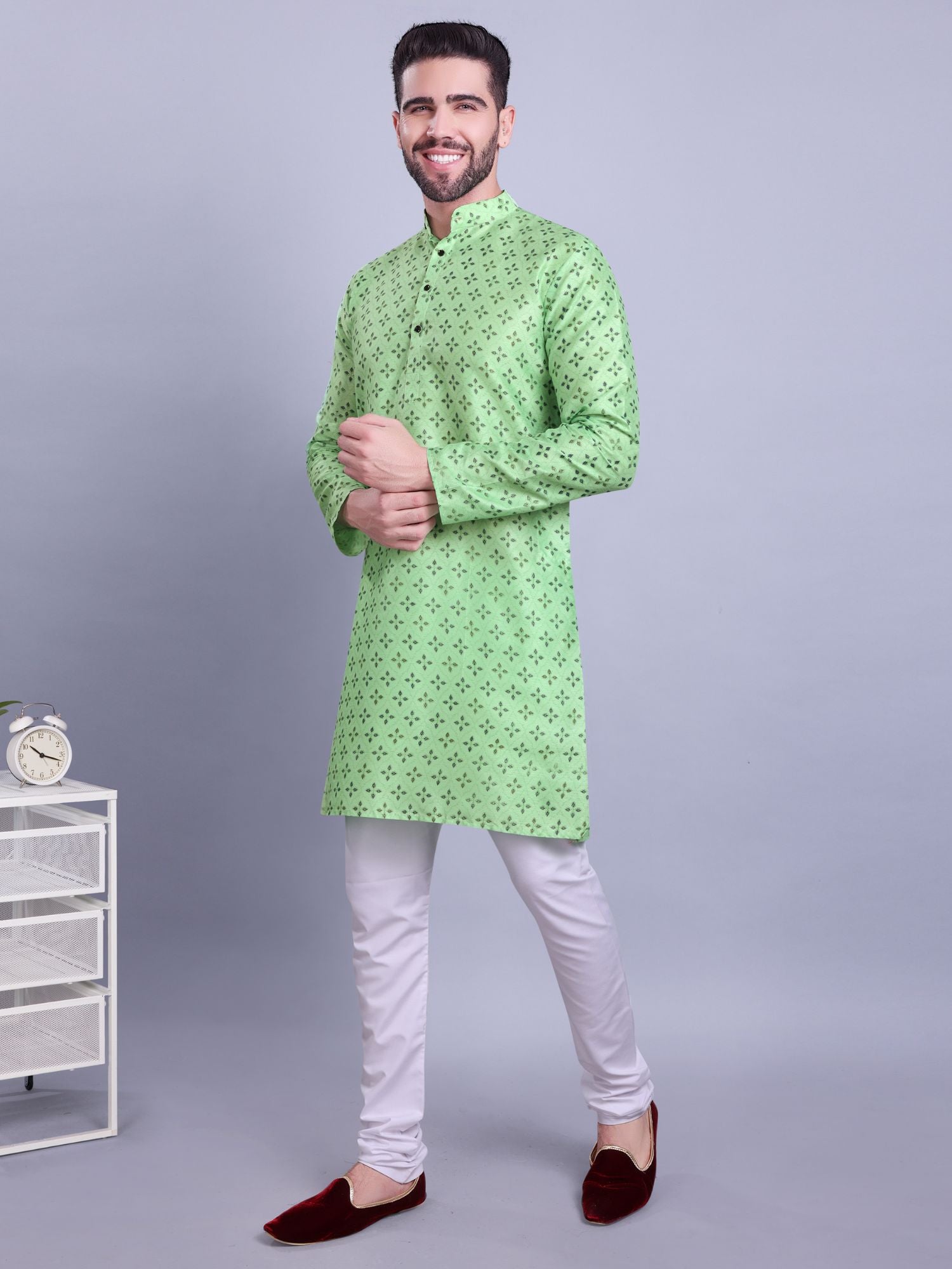 Tropical Green Hloom Printed Silk Kurta Pajama Set